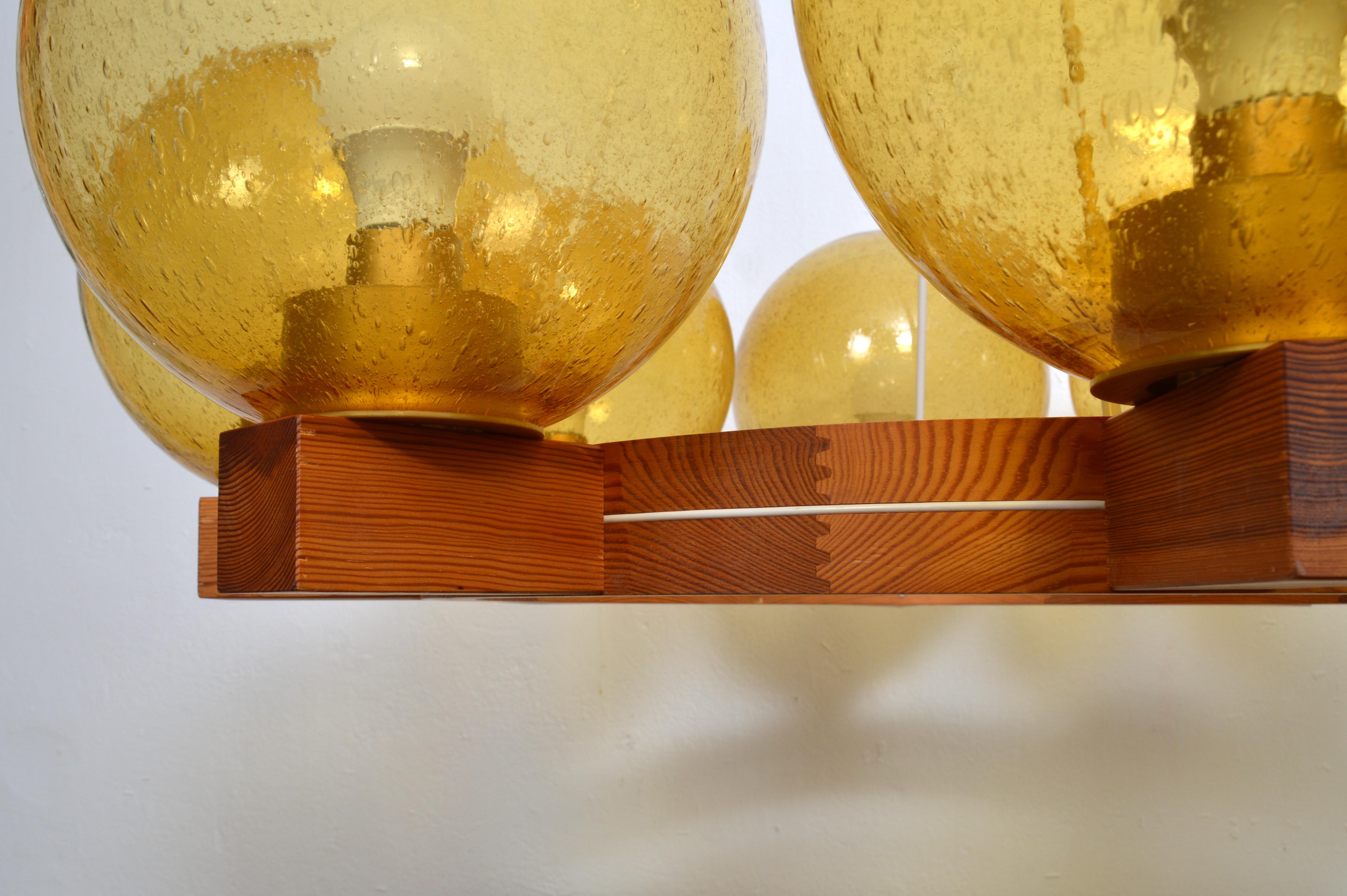 Mid-20th Century Large Eight Arms Solid Pine Chandelier with Glass Shades by Luxus Sweden, 1960s