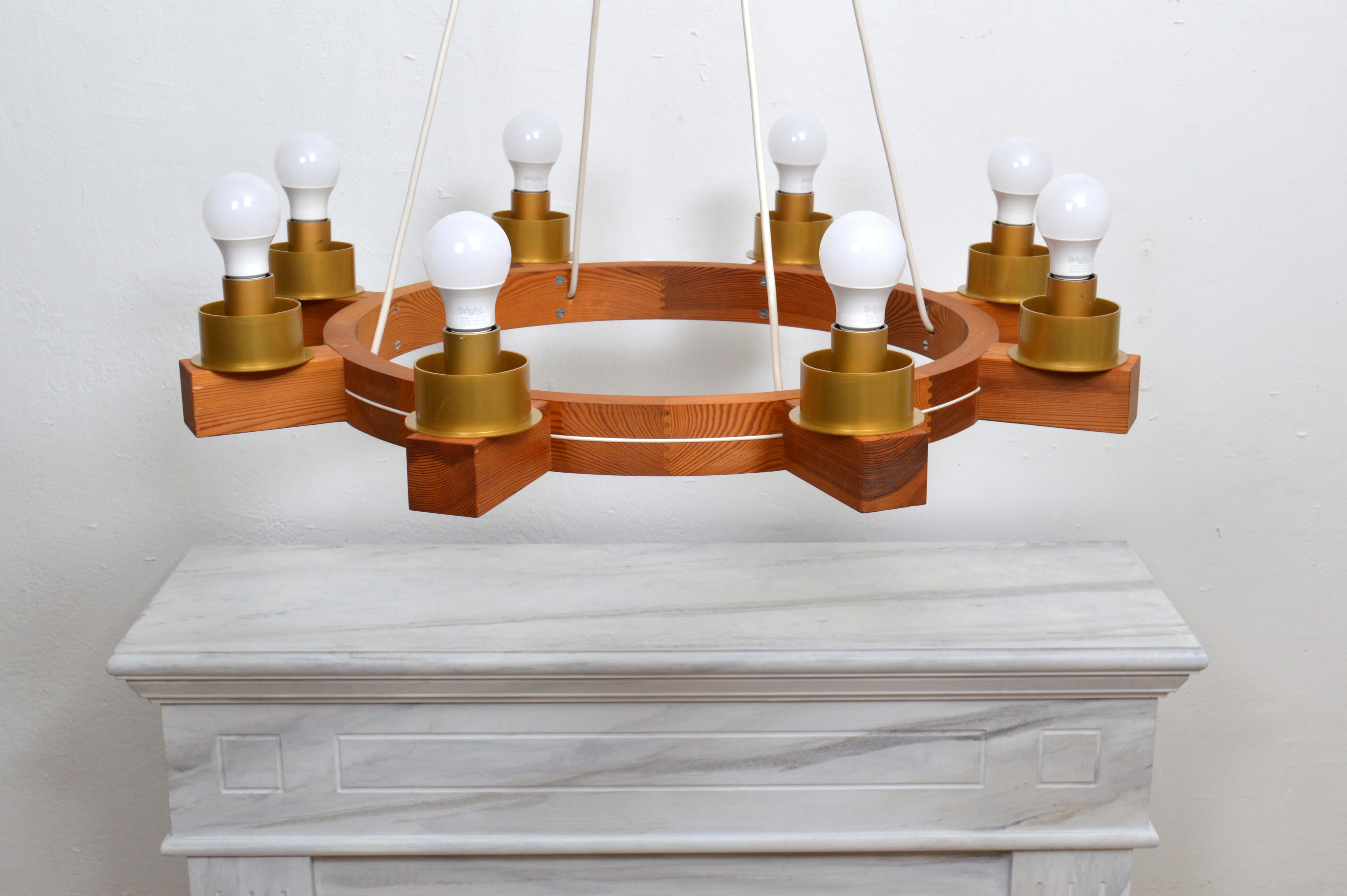 Blown Glass Large Eight Arms Solid Pine Chandelier with Glass Shades by Luxus Sweden, 1960s