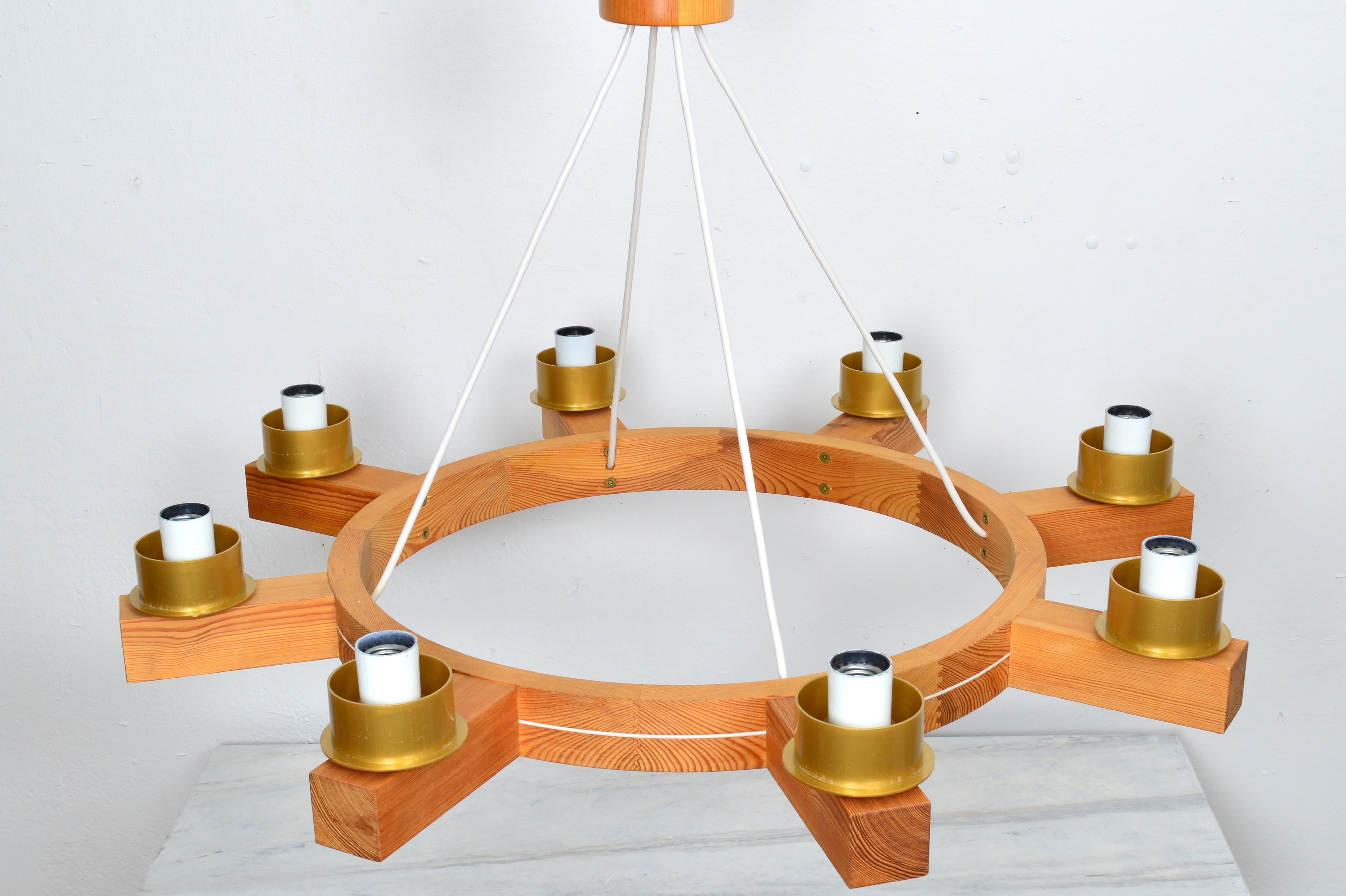 Vetro soffiato Large Eight Arms Solid Pine Chandelier with Glass Shades by Luxus Sweden, 1960s in vendita