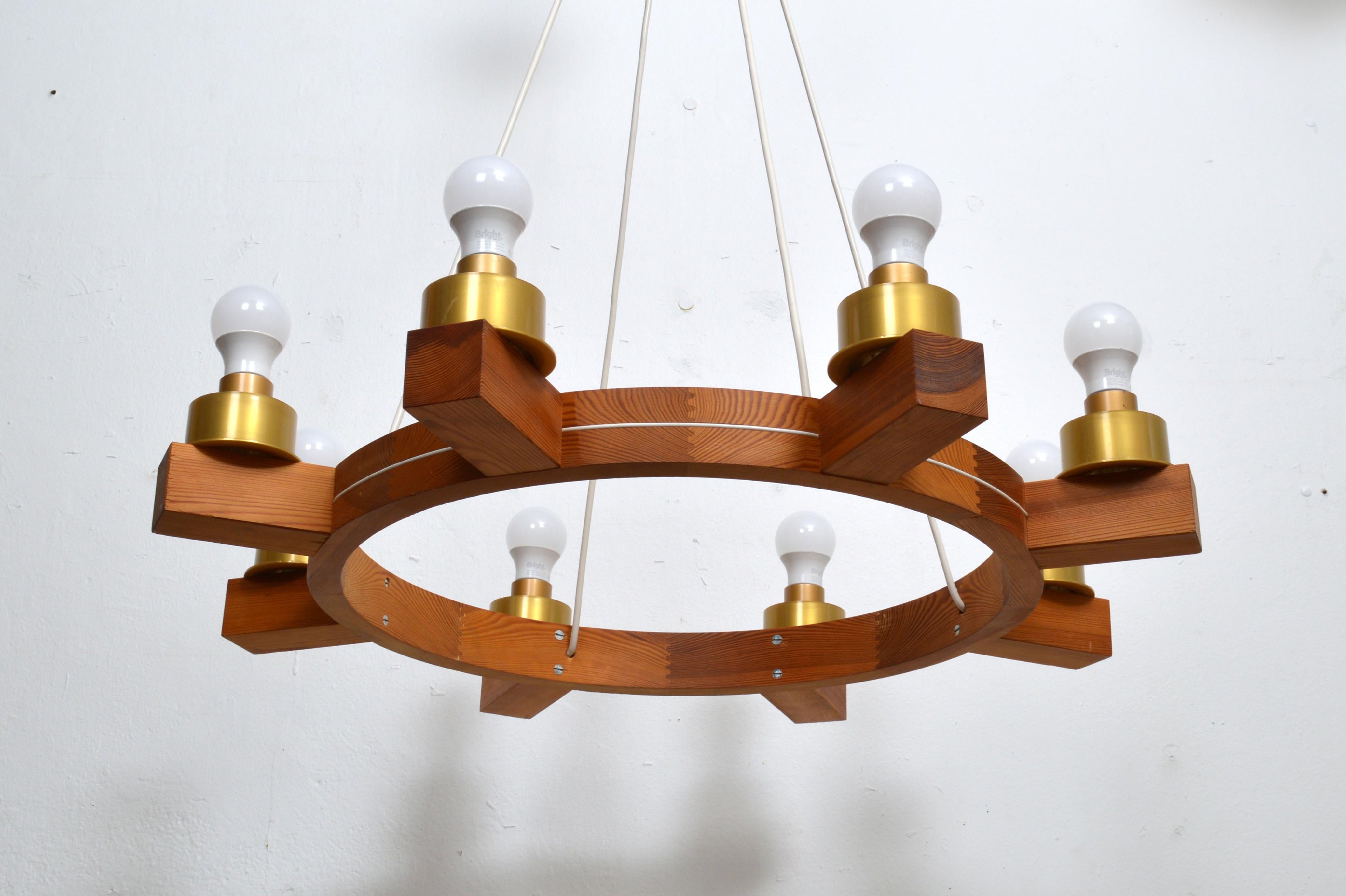 Large Eight Arms Solid Pine Chandelier with Glass Shades by Luxus Sweden, 1960s 1