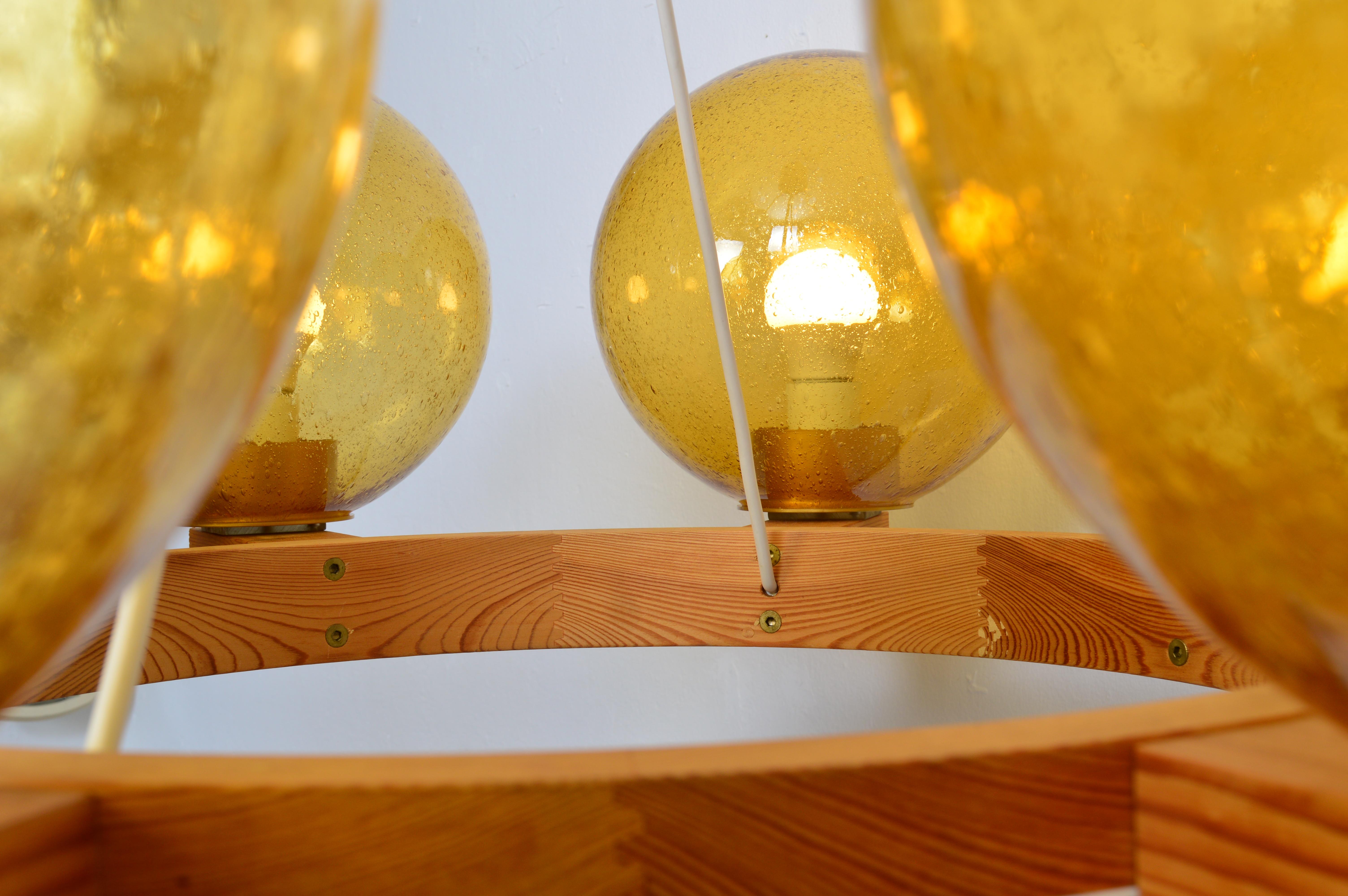 Large Eight Arms Solid Pine Chandelier with Glass Shades by Luxus Sweden, 1960s in vendita 1