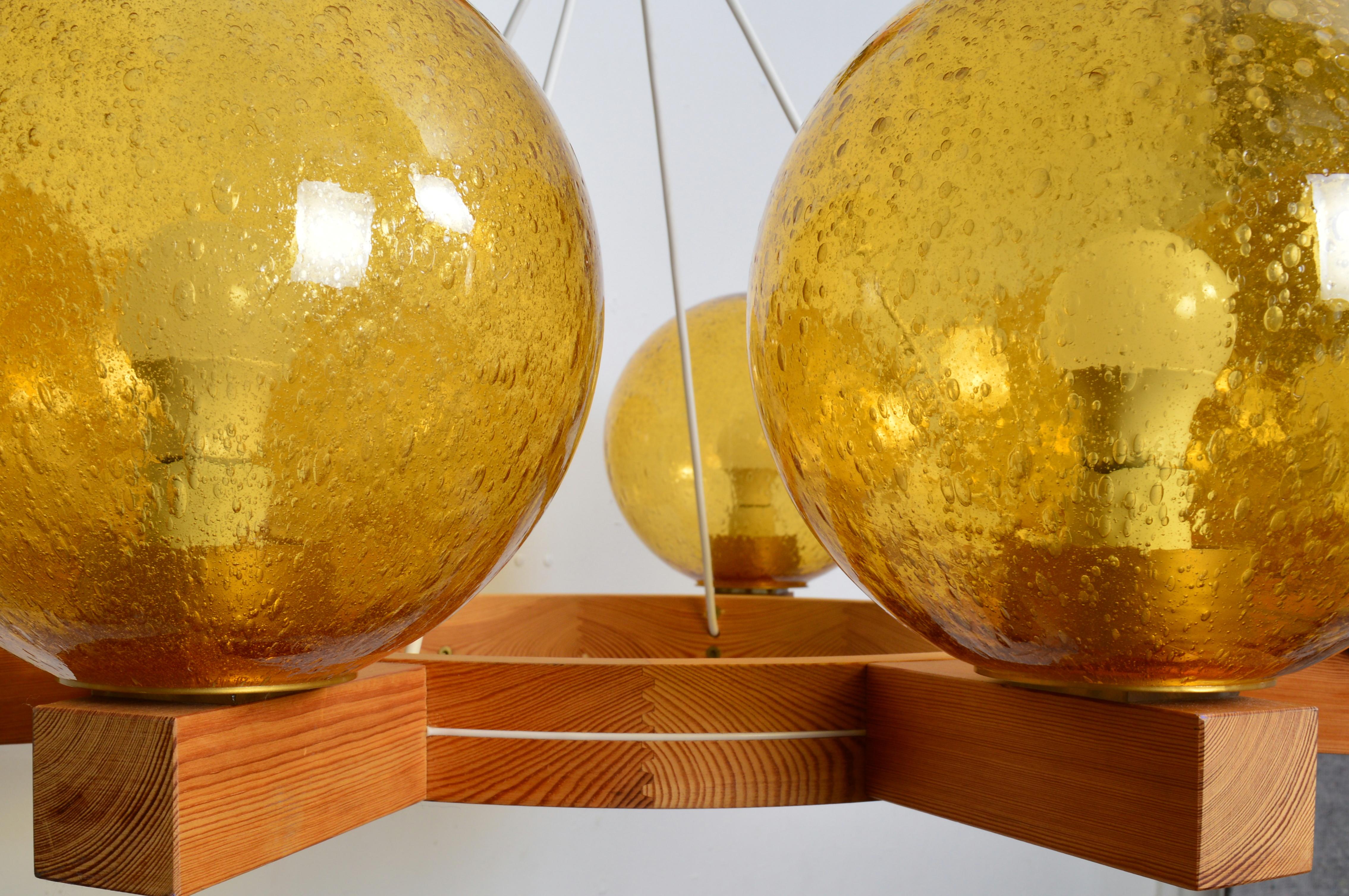 Large Eight Arms Solid Pine Chandelier with Glass Shades by Luxus Sweden, 1960s in vendita 2