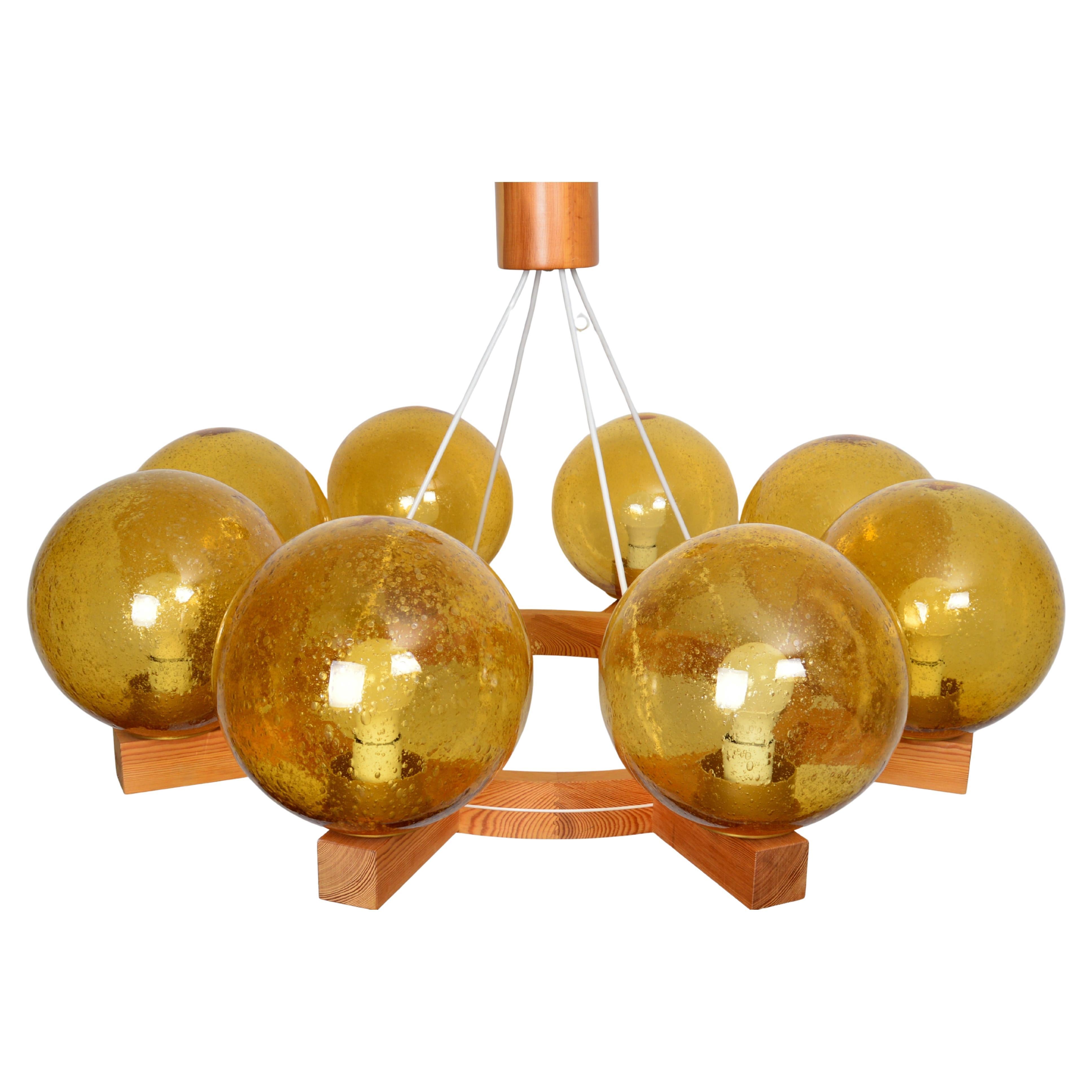 Large Eight Arms Solid Pine Chandelier with Glass Shades by Luxus Sweden, 1960s