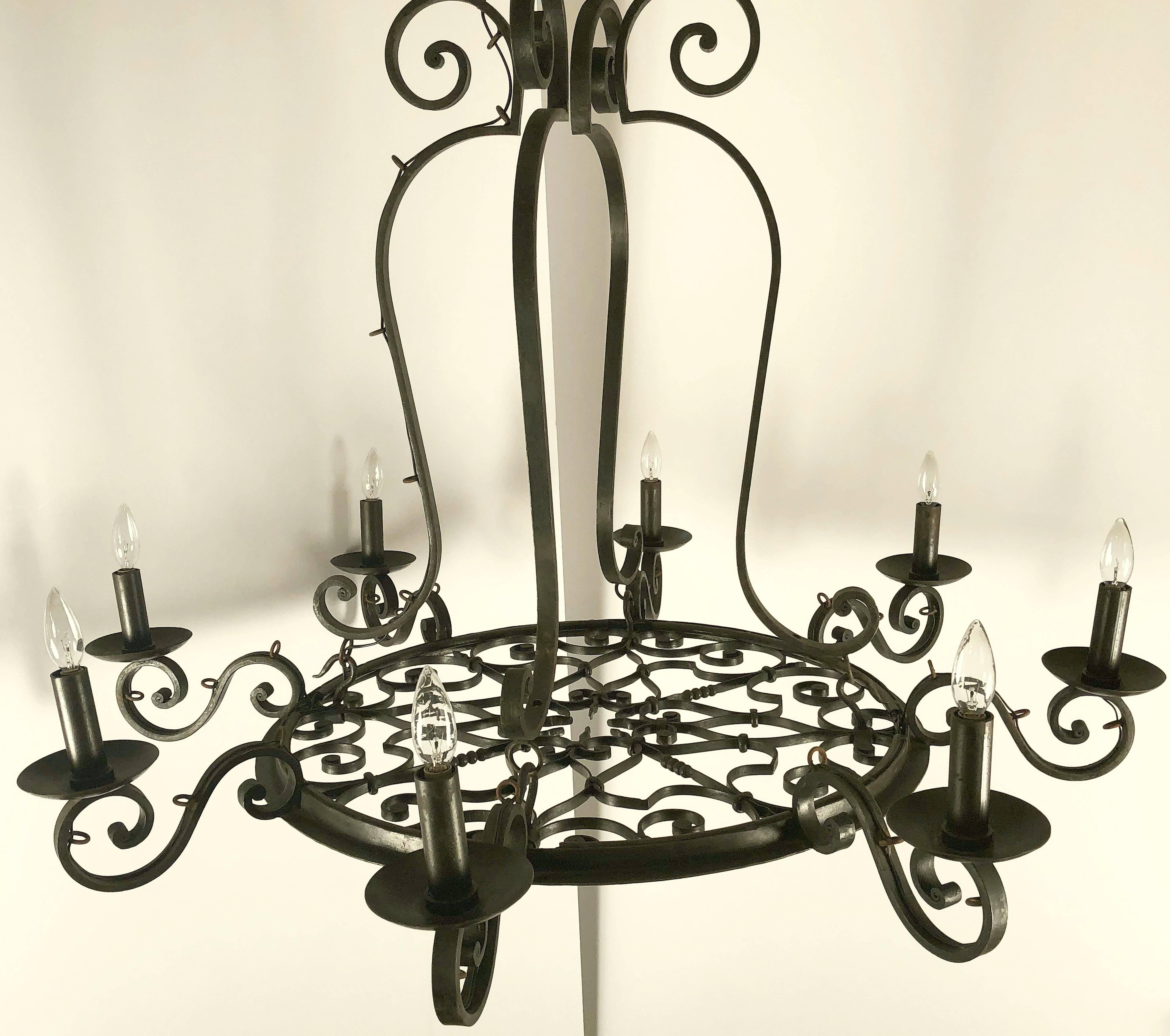 American Large Eight-Light Hanging Fixture of Wrought Iron (47 1/2