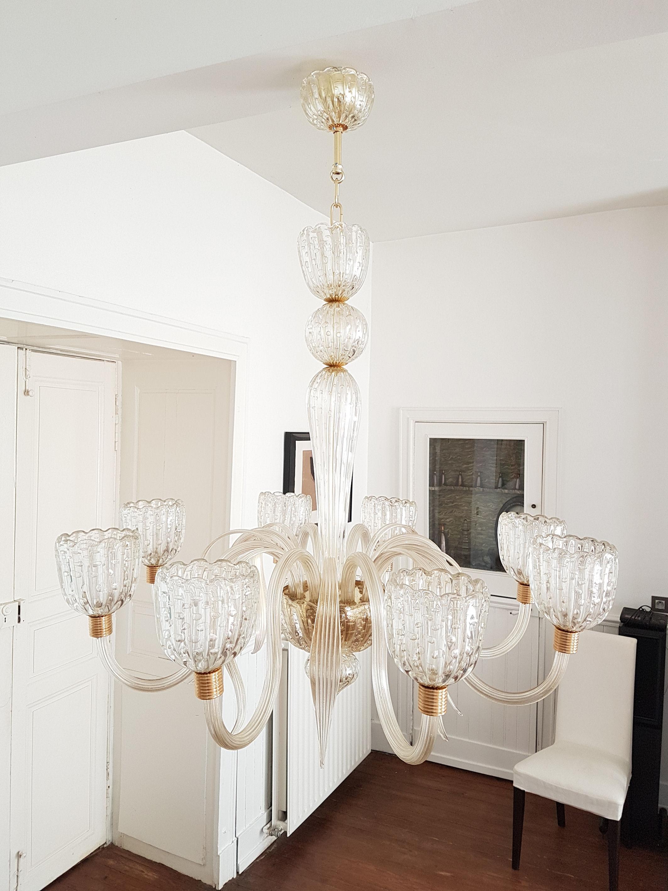 Large Eight Lights Mid-Century Modern Murano Clear Glass Chandelier by Barovier In Excellent Condition In Dallas, TX