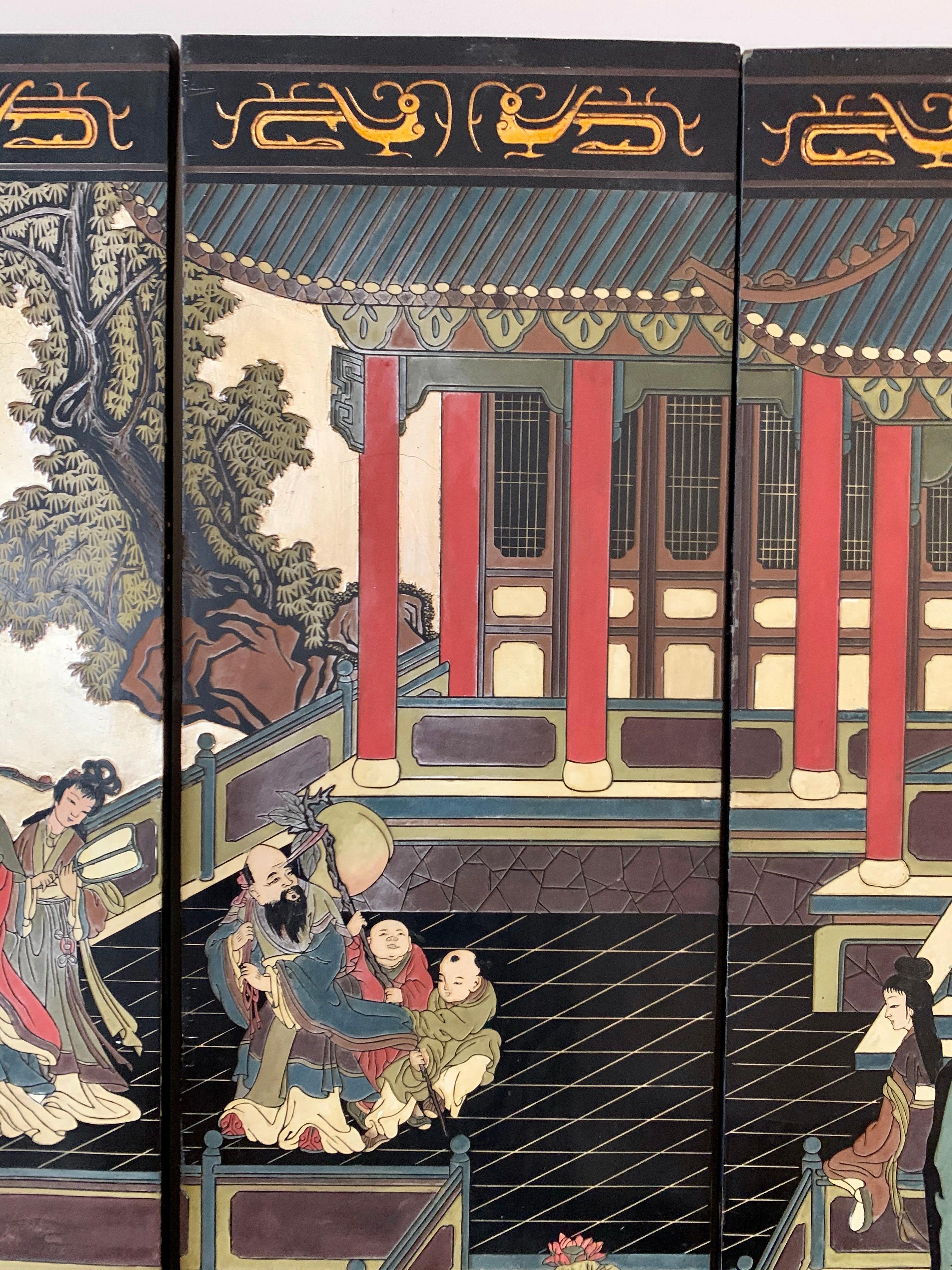 Large Eight Panel Asian Coromandel Screen Room Divider Painting Work of Art 3