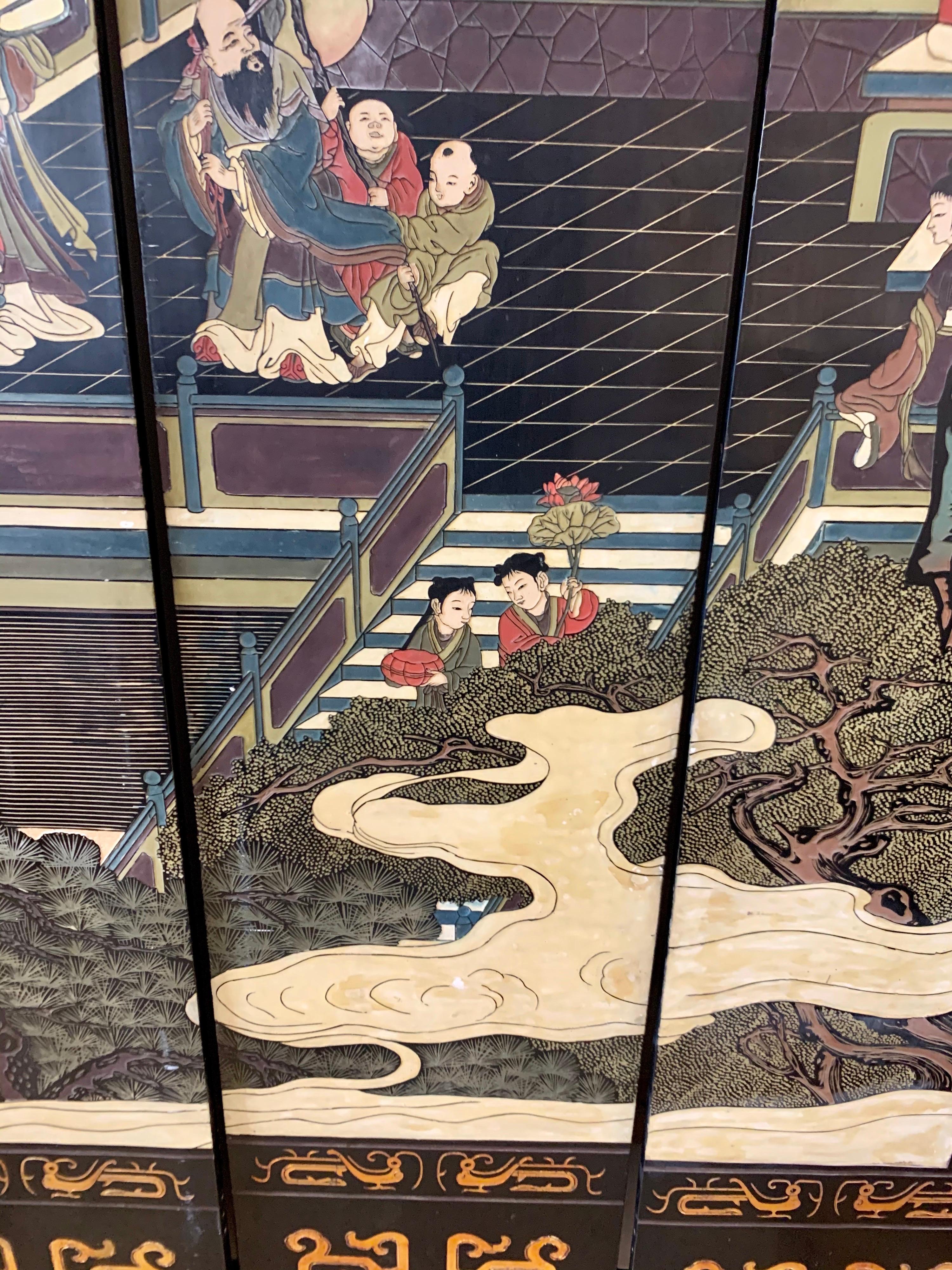 Large Eight Panel Asian Coromandel Screen Room Divider Painting Work of Art 4