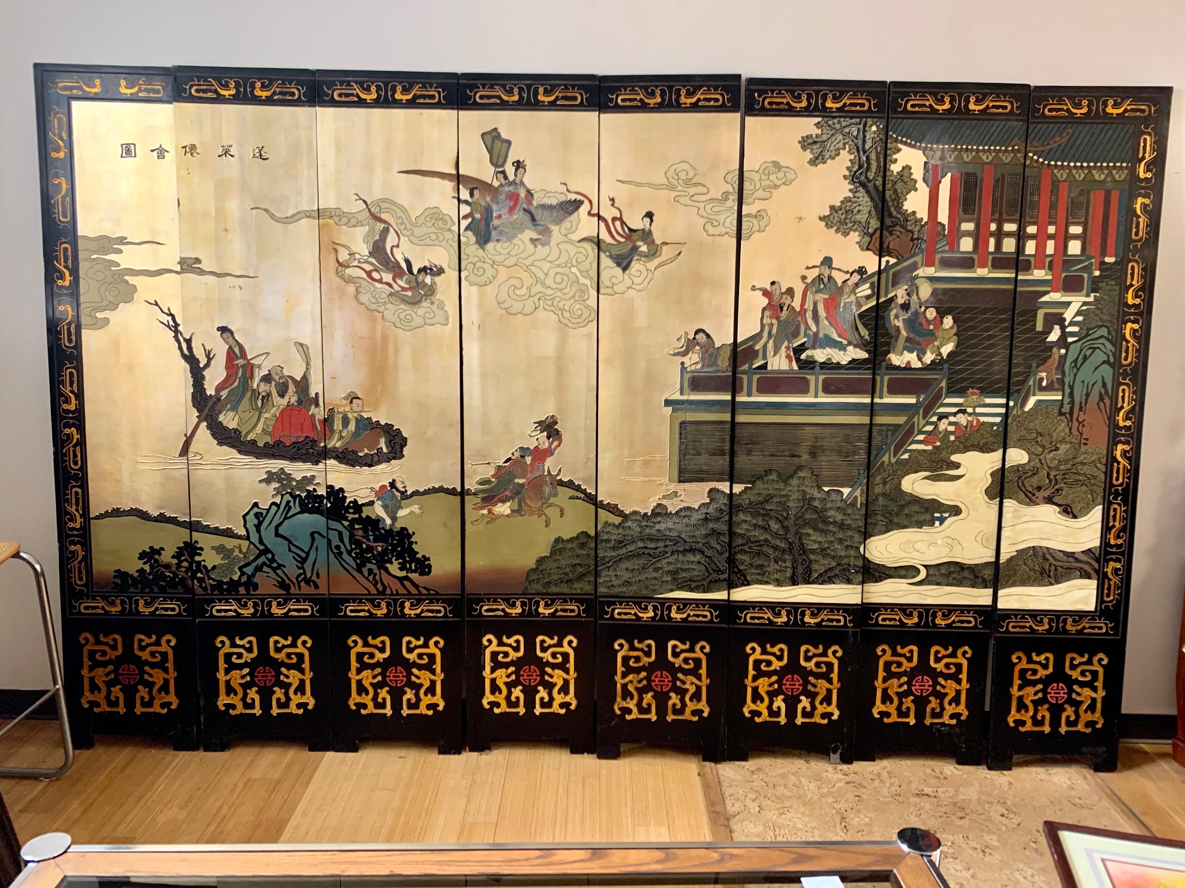 Chinoiserie Large Eight Panel Asian Coromandel Screen Room Divider Painting Work of Art