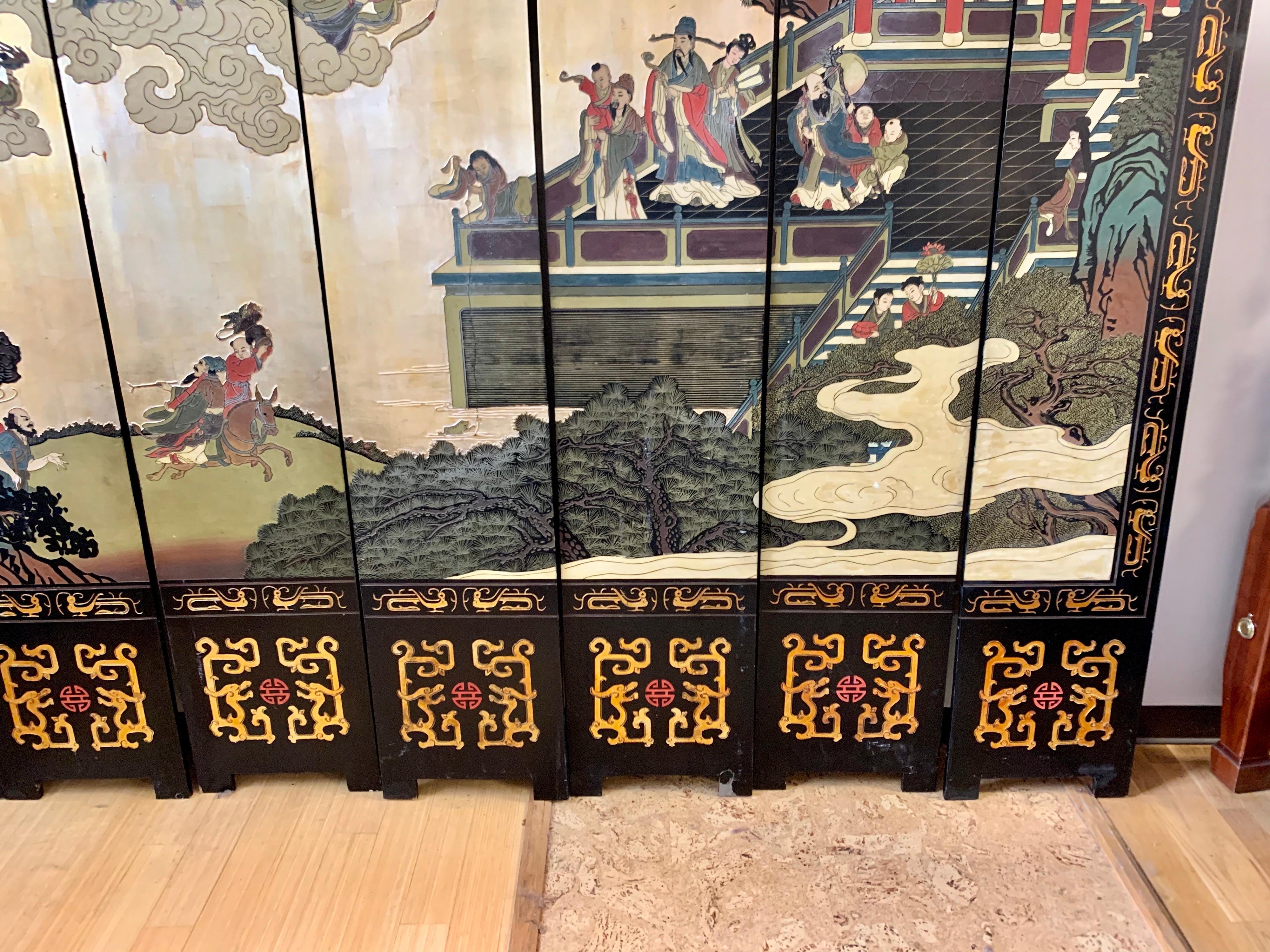 Chinese Large Eight-Panel Asian Coromandel Screen Room Divider Painting Work of Art