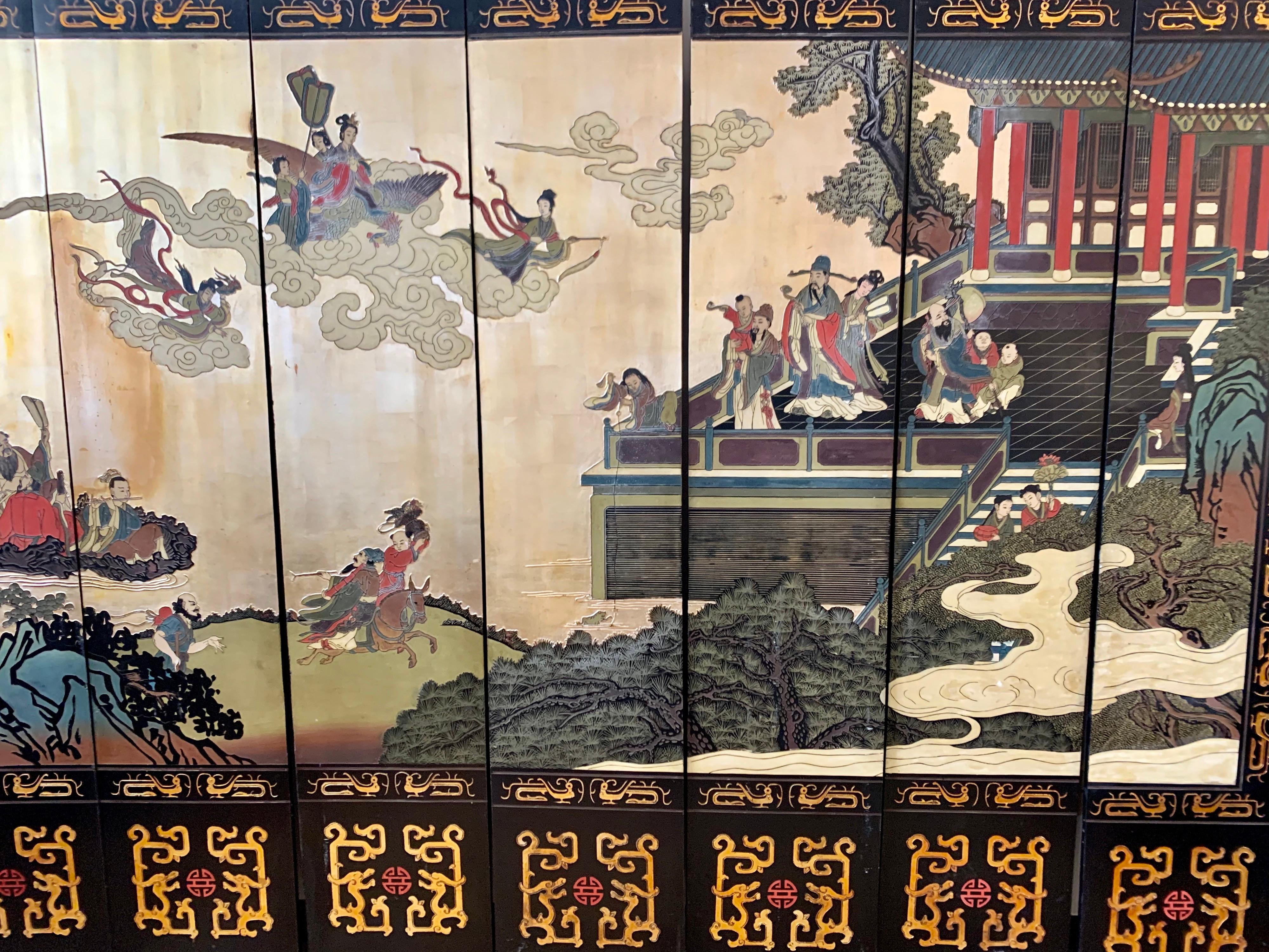 Wood Large Eight Panel Asian Coromandel Screen Room Divider Painting Work of Art