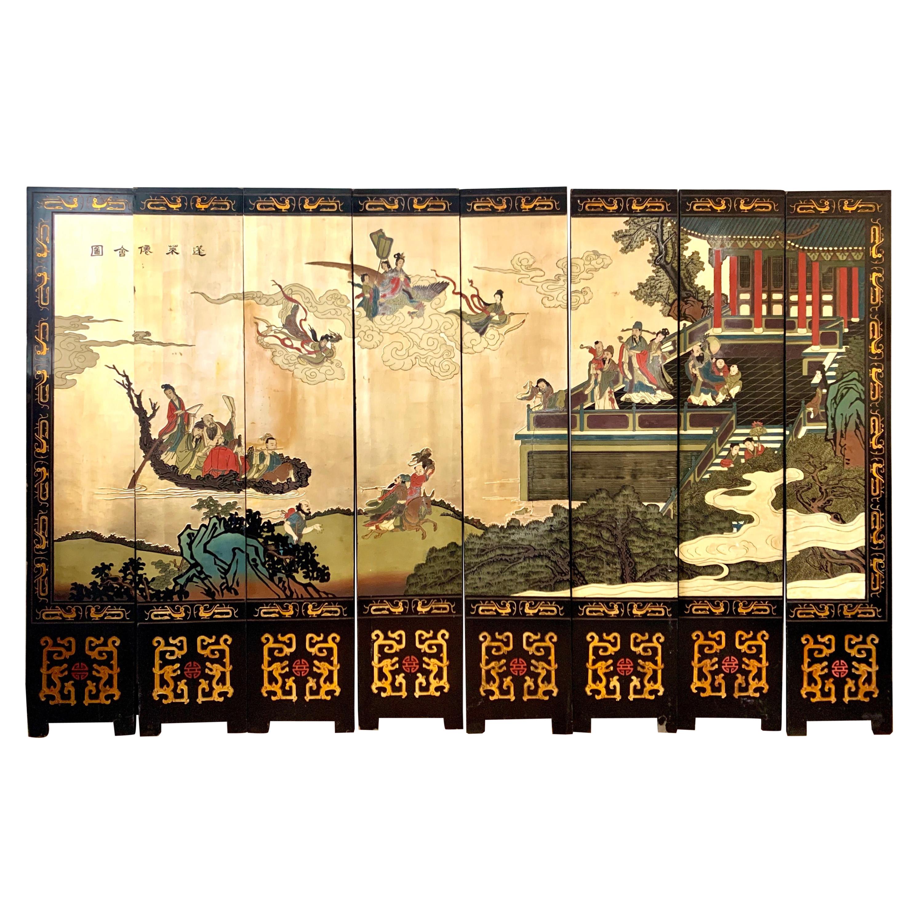 Large Eight Panel Asian Coromandel Screen Room Divider Painting Work of Art