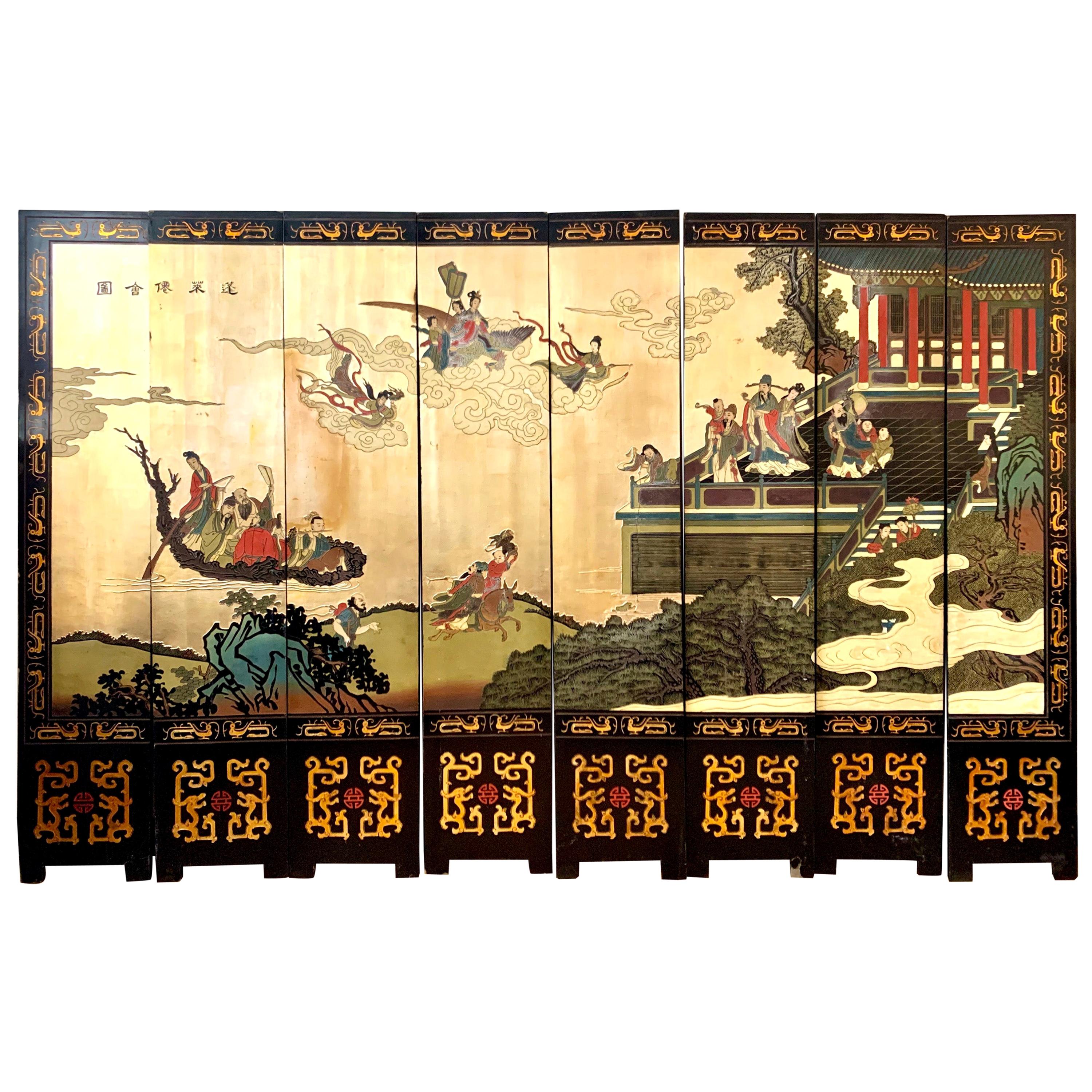 Large Eight-Panel Asian Coromandel Screen Room Divider Painting Work of Art