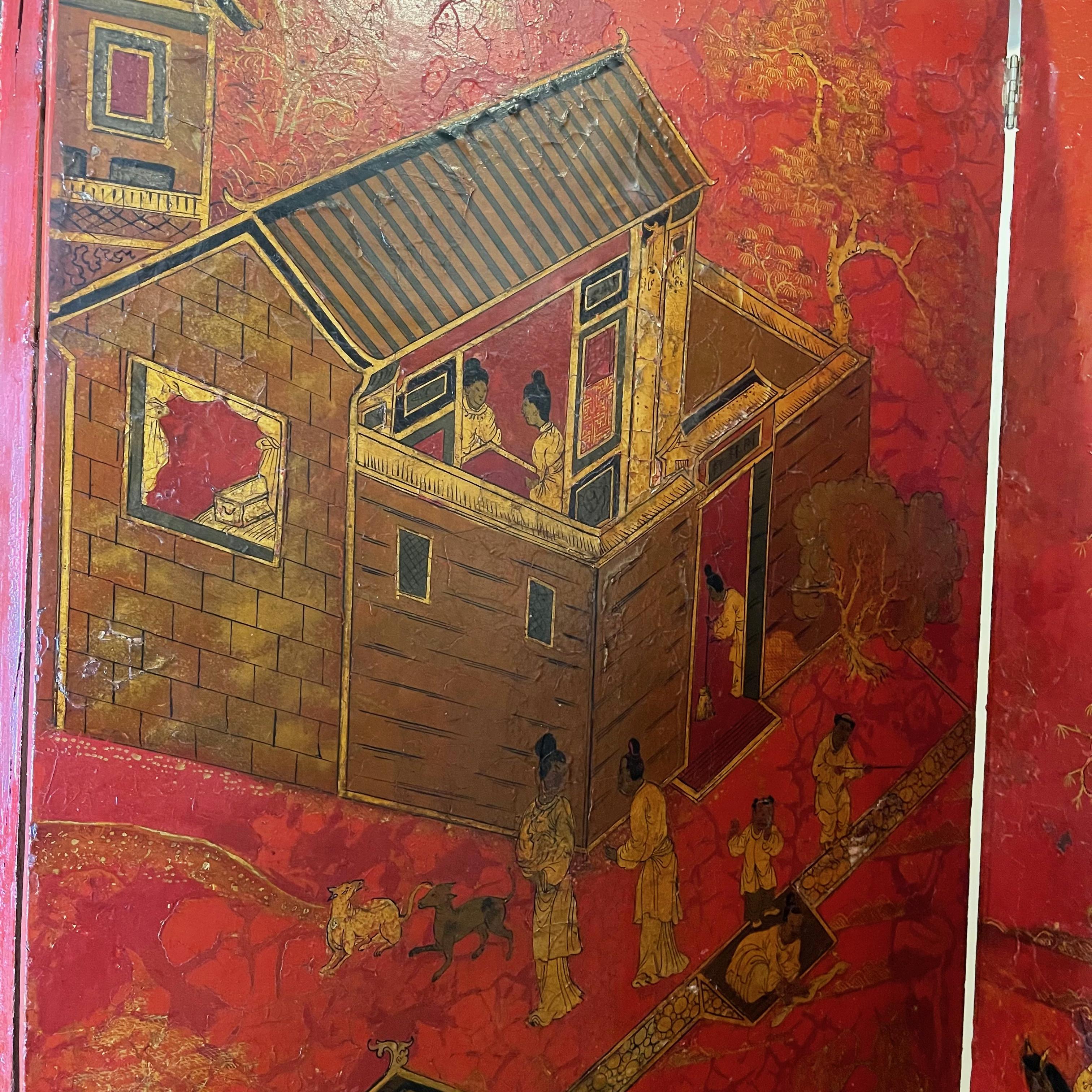 Grand écran à huit panneaux en laque rouge dans le style chinois 4