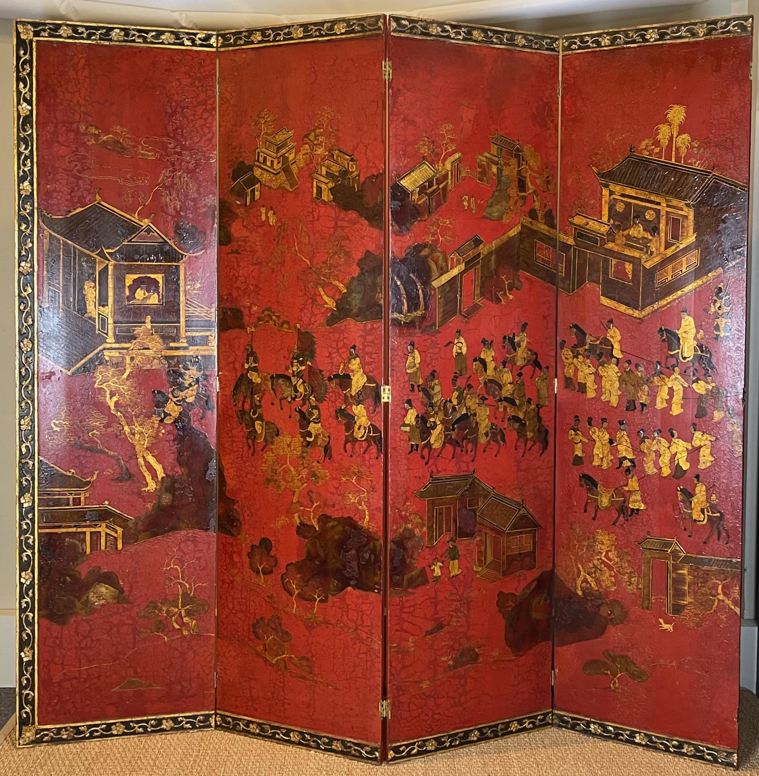 Anglais Grand écran à huit panneaux en laque rouge dans le style chinois
