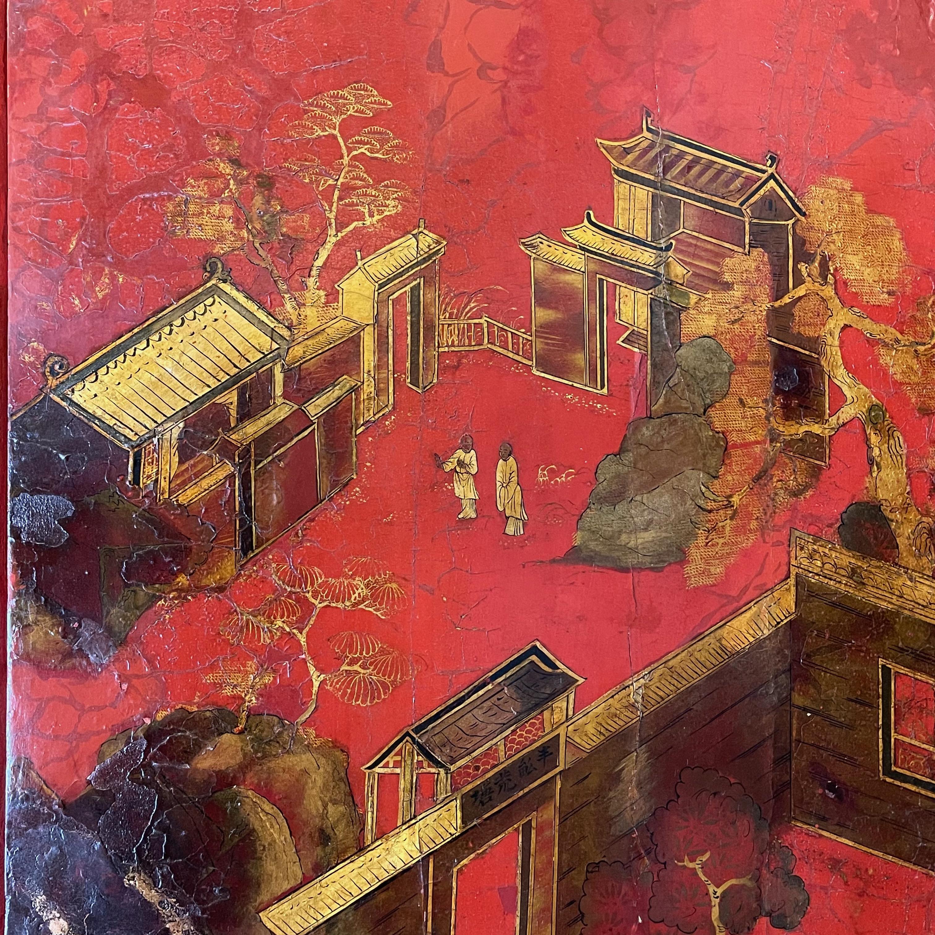 Grand écran à huit panneaux en laque rouge dans le style chinois 1