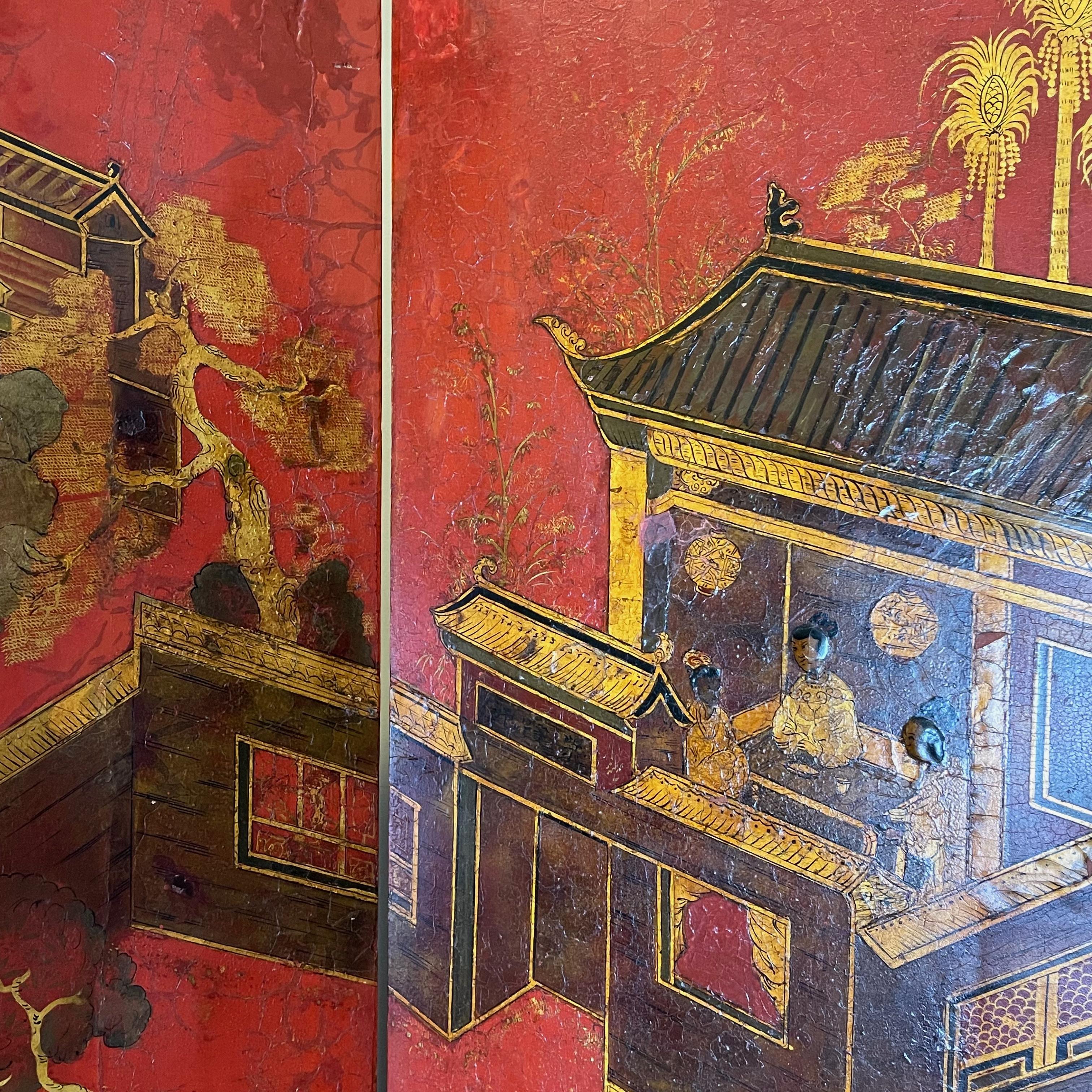Grand écran à huit panneaux en laque rouge dans le style chinois 2