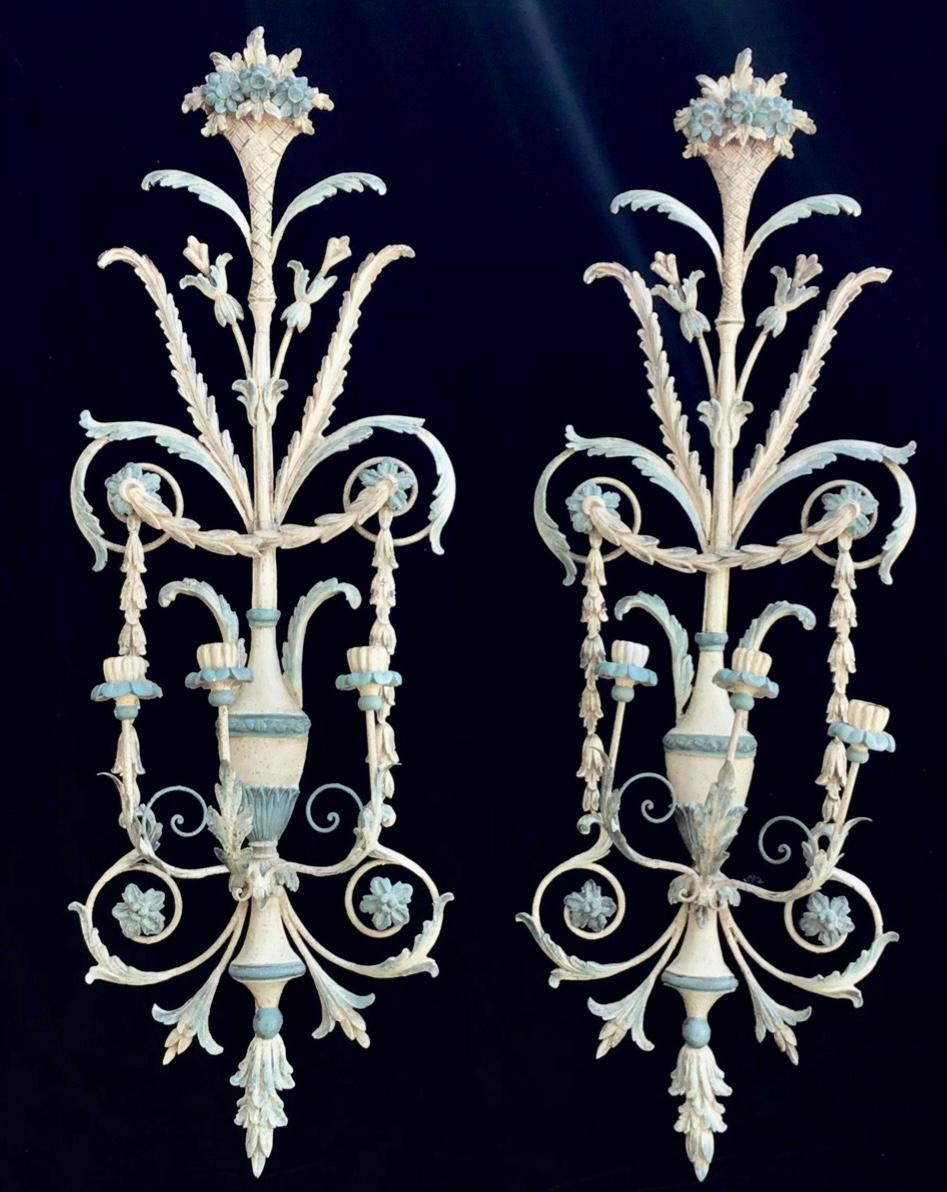 Wood Large Elaborate Venetian Wall Sconces, Italy, a Pair