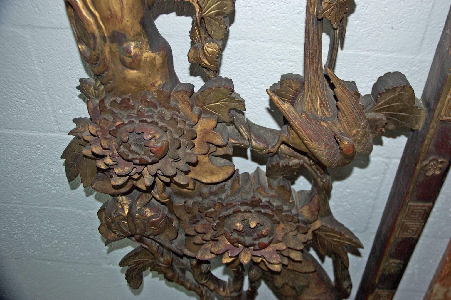 Antique Carved Chinese Qing Surround in Gilded Wood w Foo Dogs, Birds & Flowers 14