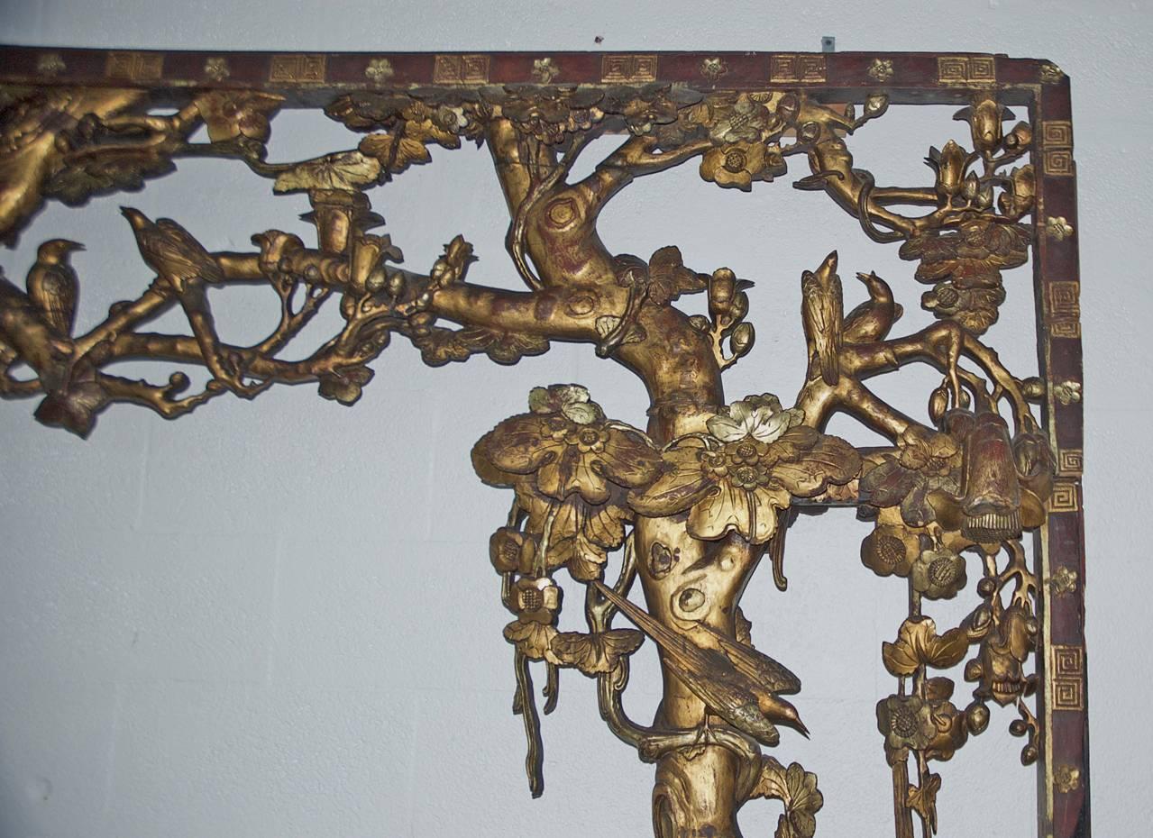 Antique Carved Chinese Qing Surround in Gilded Wood w Foo Dogs, Birds & Flowers 9