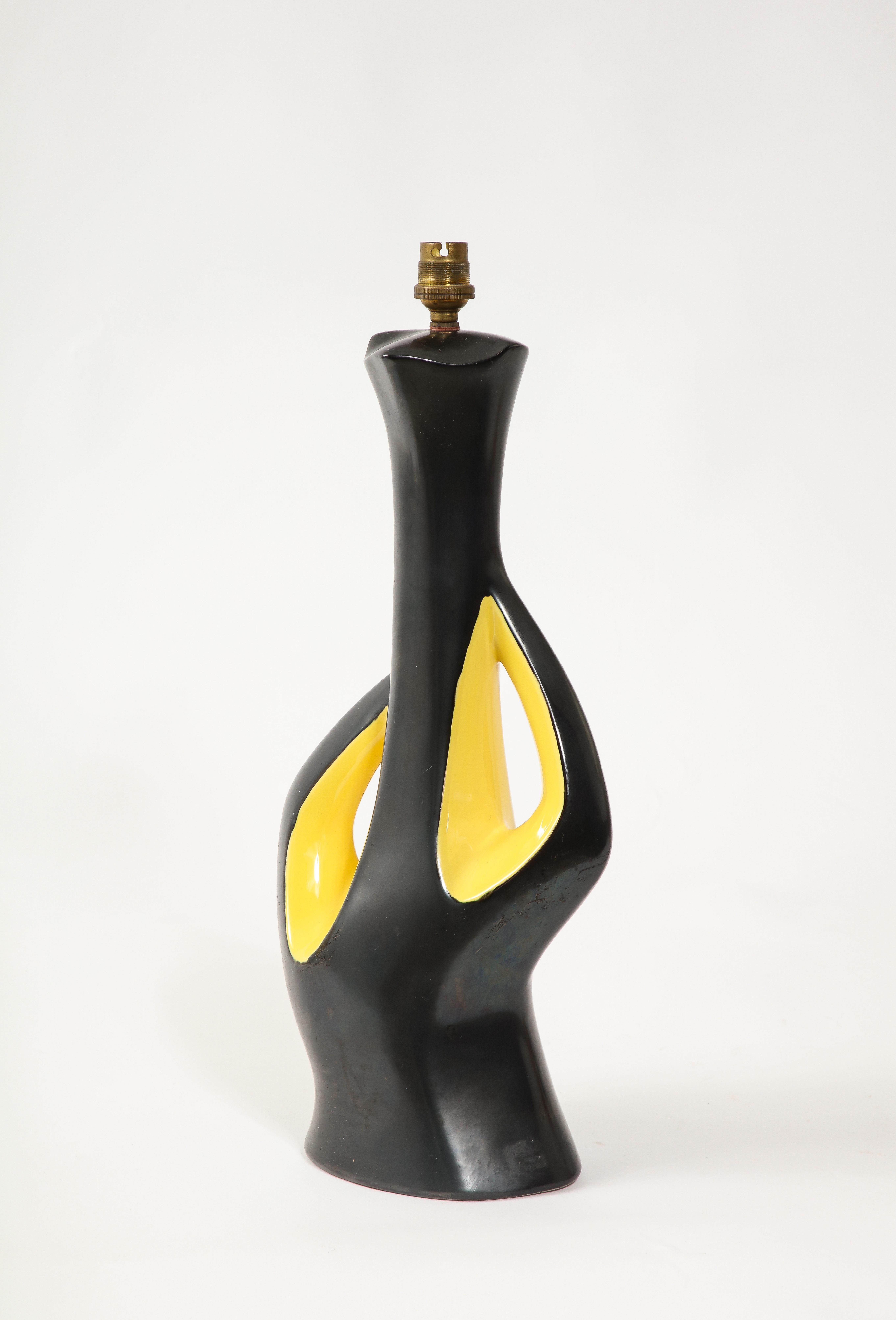 Large Elchinger Two-Tone Yellow & Black Ceramic Table Lamp, France 1950's For Sale 4