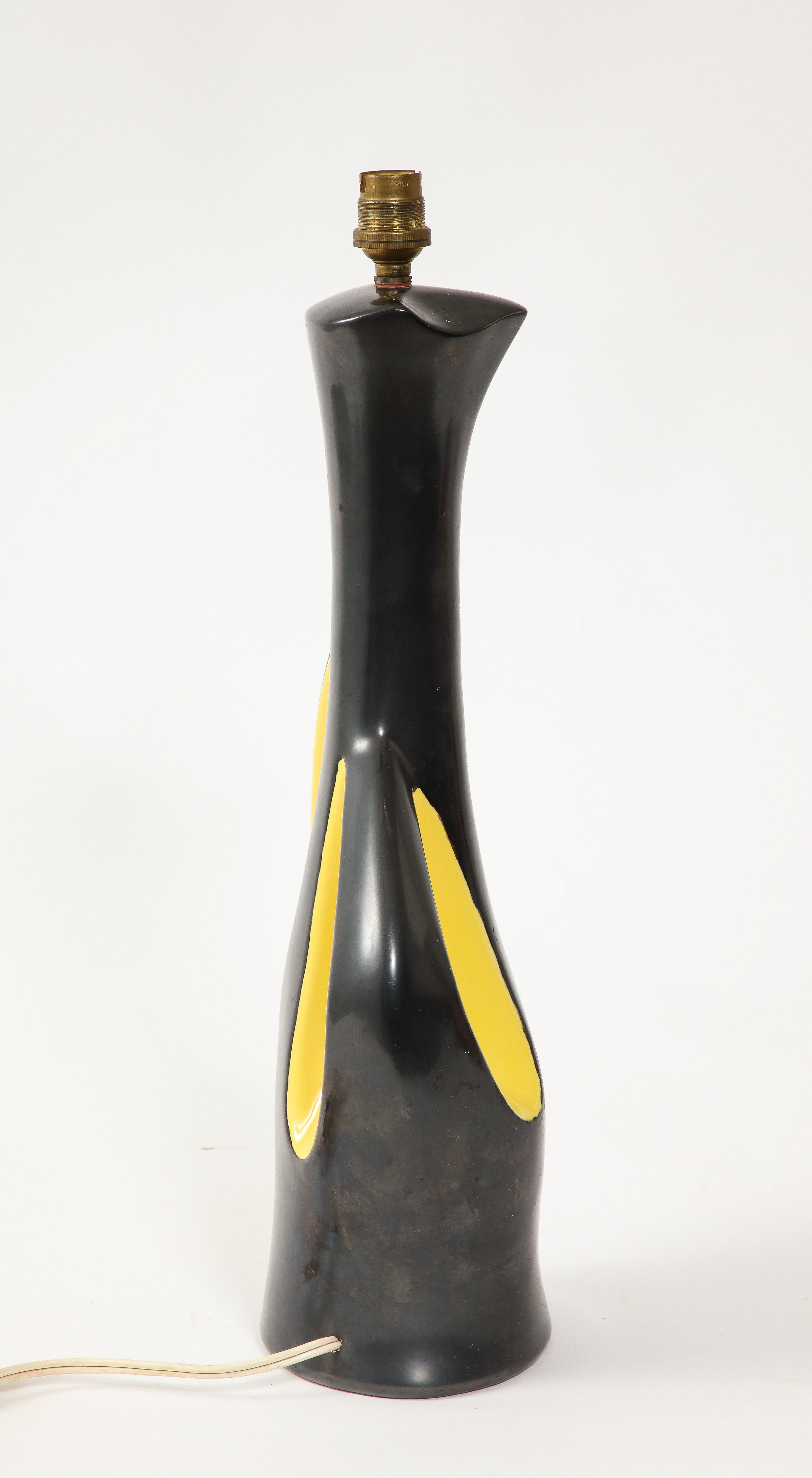 20th Century Large Elchinger Two-Tone Yellow & Black Ceramic Table Lamp, France 1950's For Sale