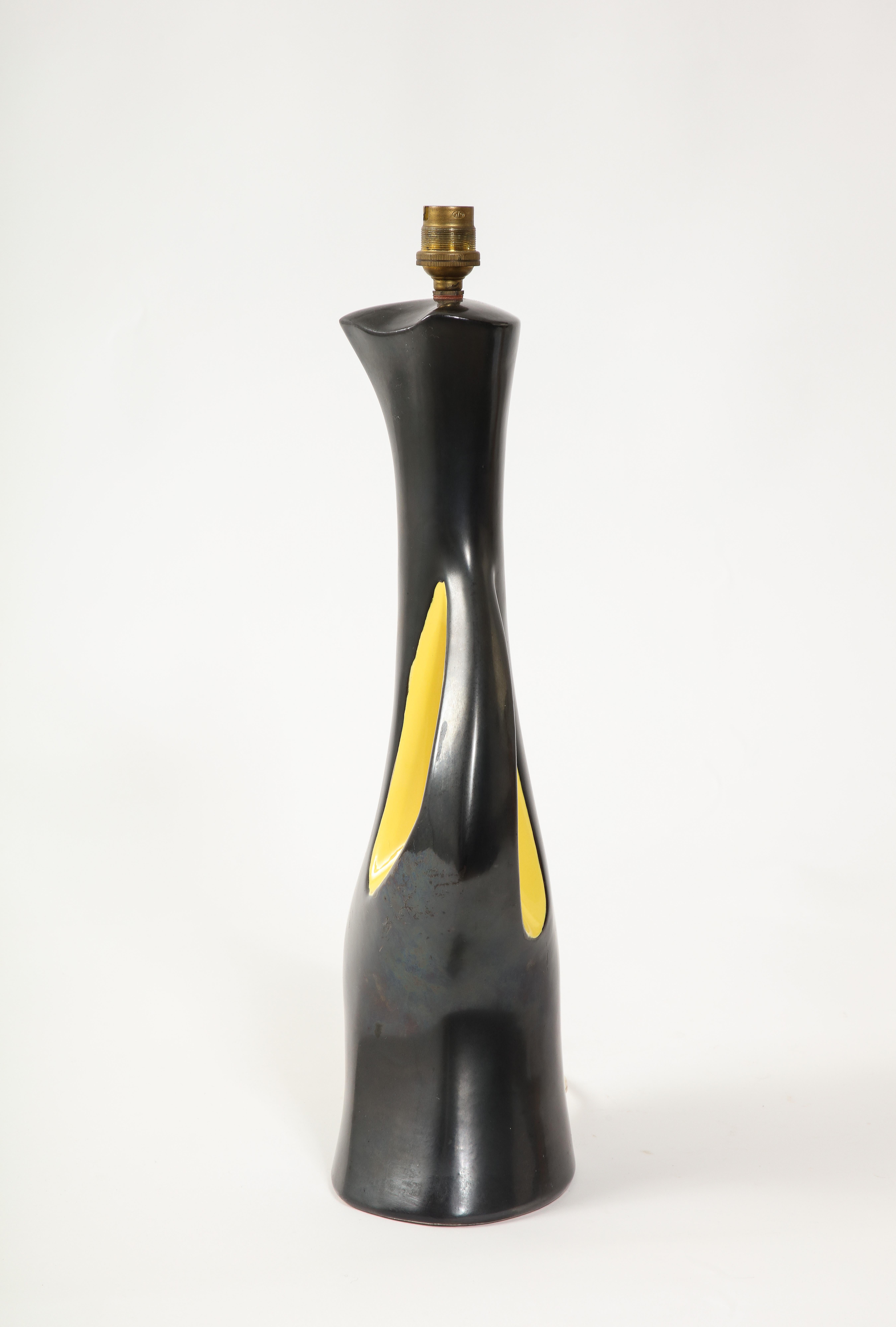 Large Elchinger Two-Tone Yellow & Black Ceramic Table Lamp, France 1950's For Sale 2