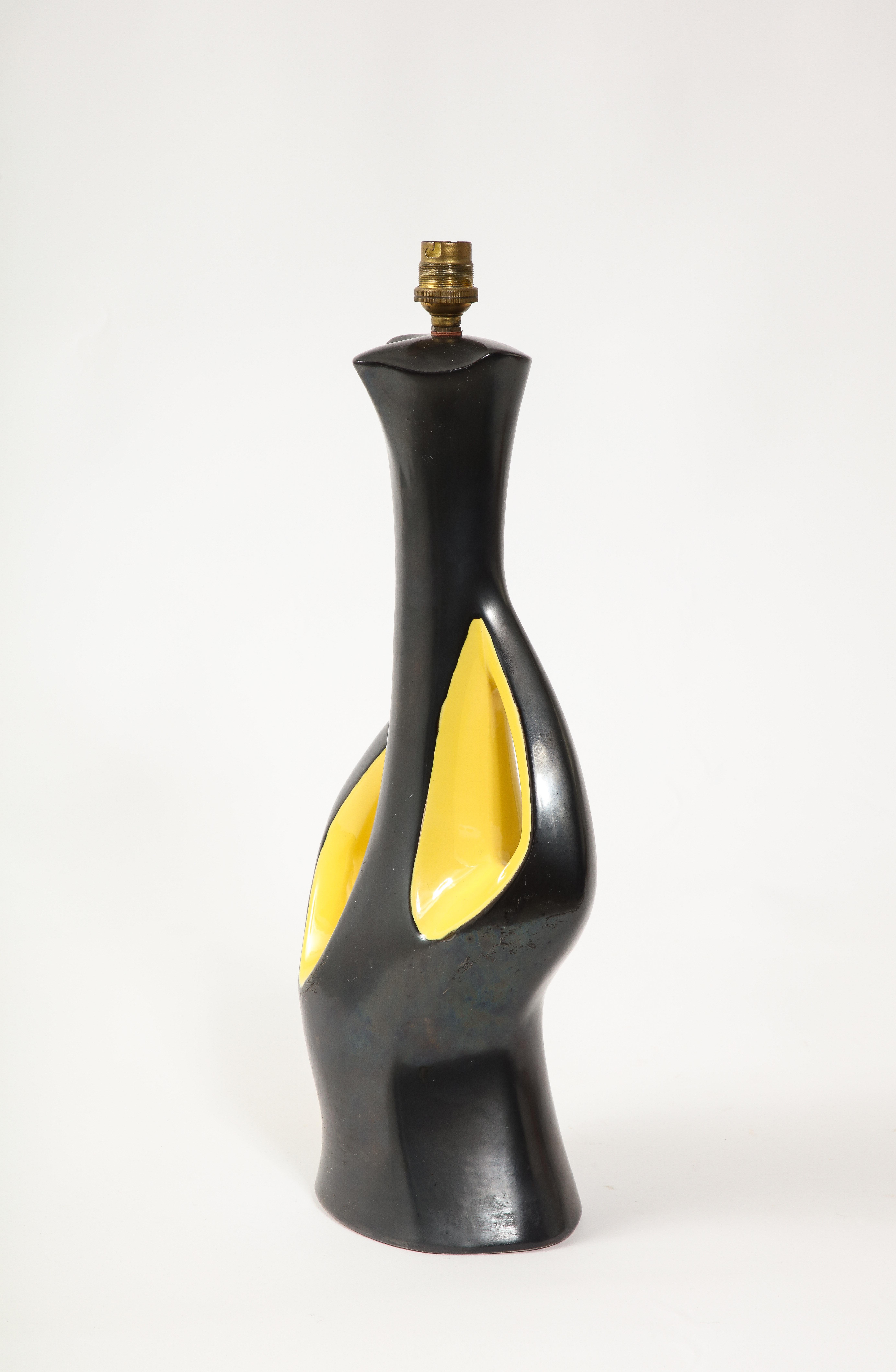 Large Elchinger Two-Tone Yellow & Black Ceramic Table Lamp, France 1950's For Sale 3