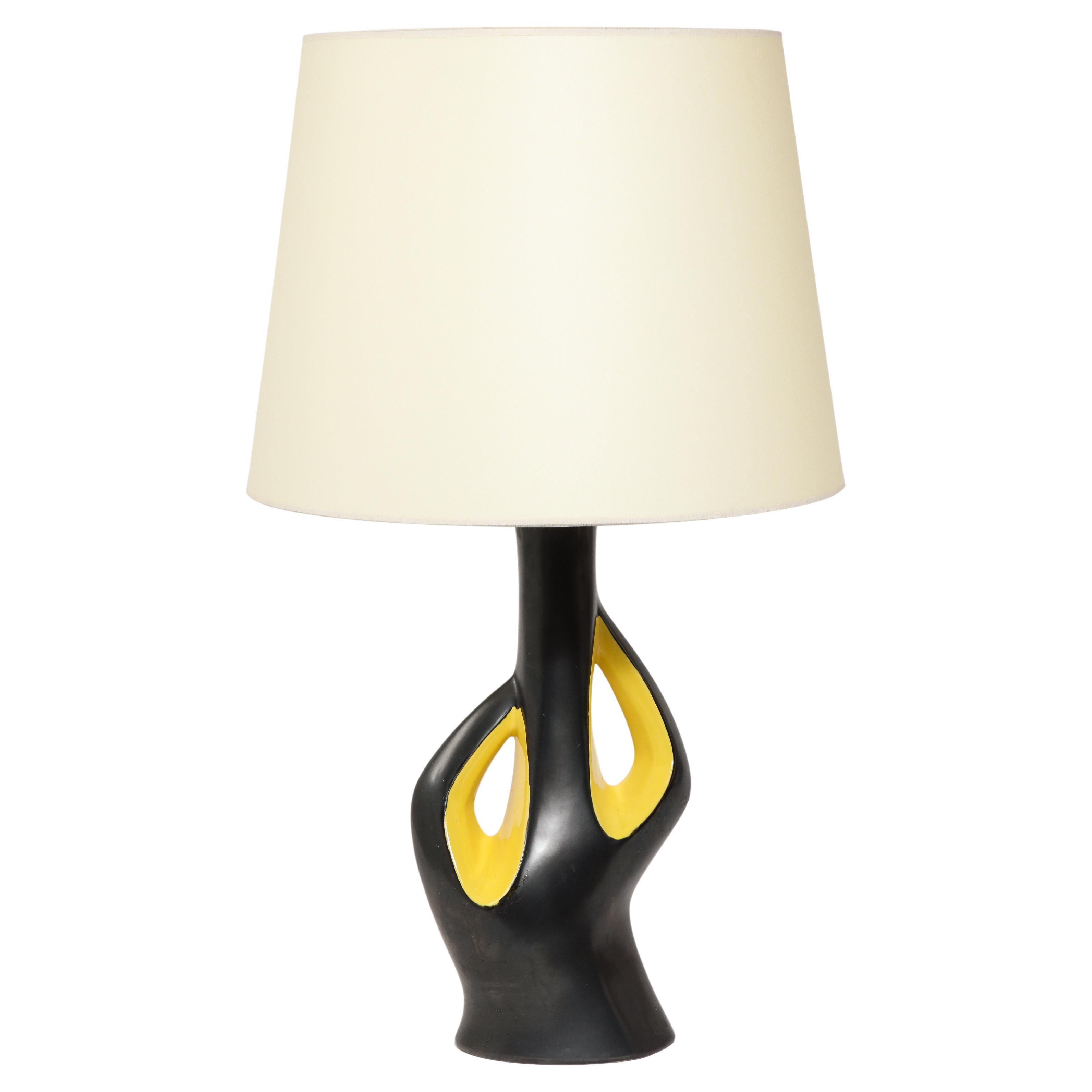 Large Elchinger Two-Tone Yellow & Black Ceramic Table Lamp, France 1950's For Sale
