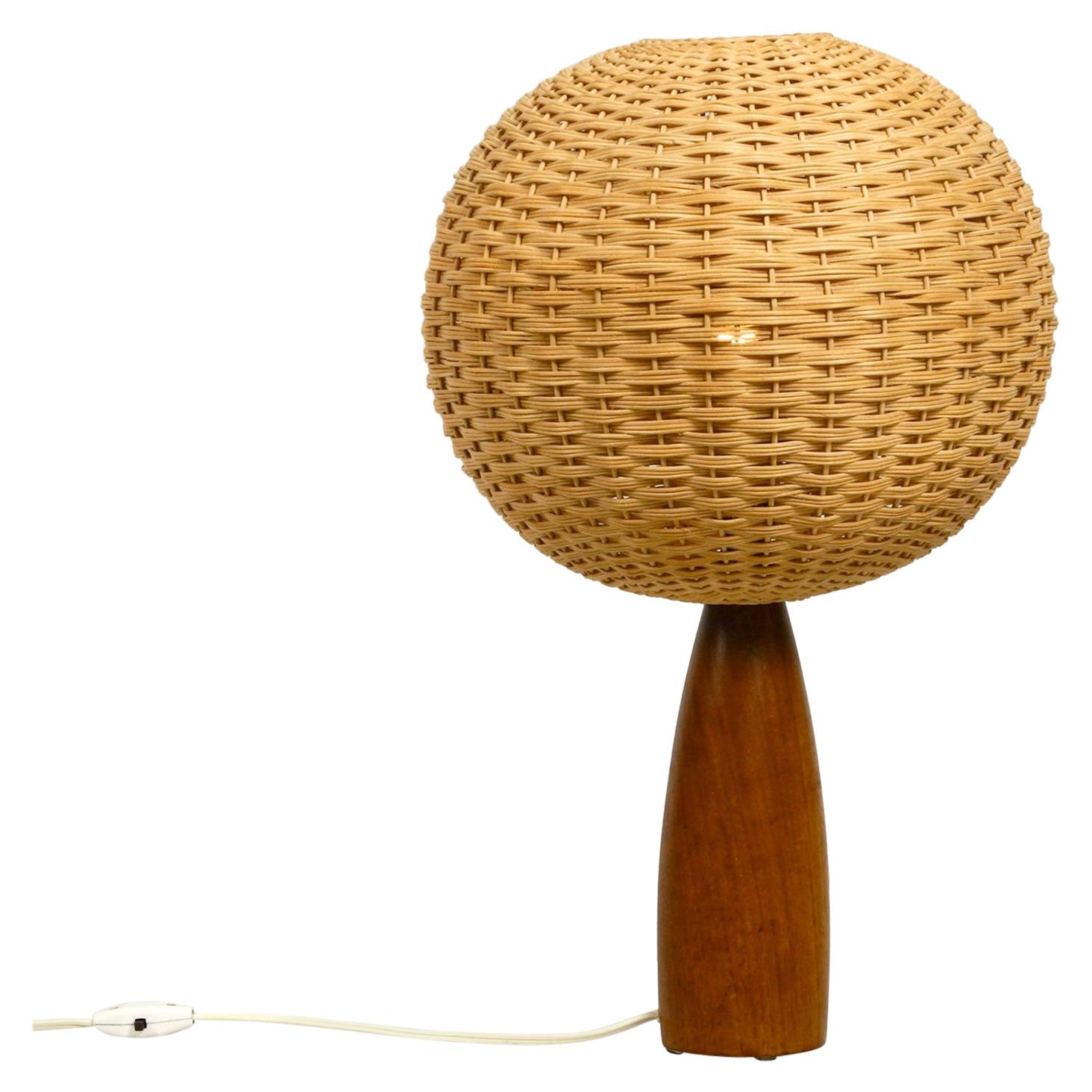 Large Elegant 1960s Danish Teak Table Lamp with a Modern Wicker Lampshade