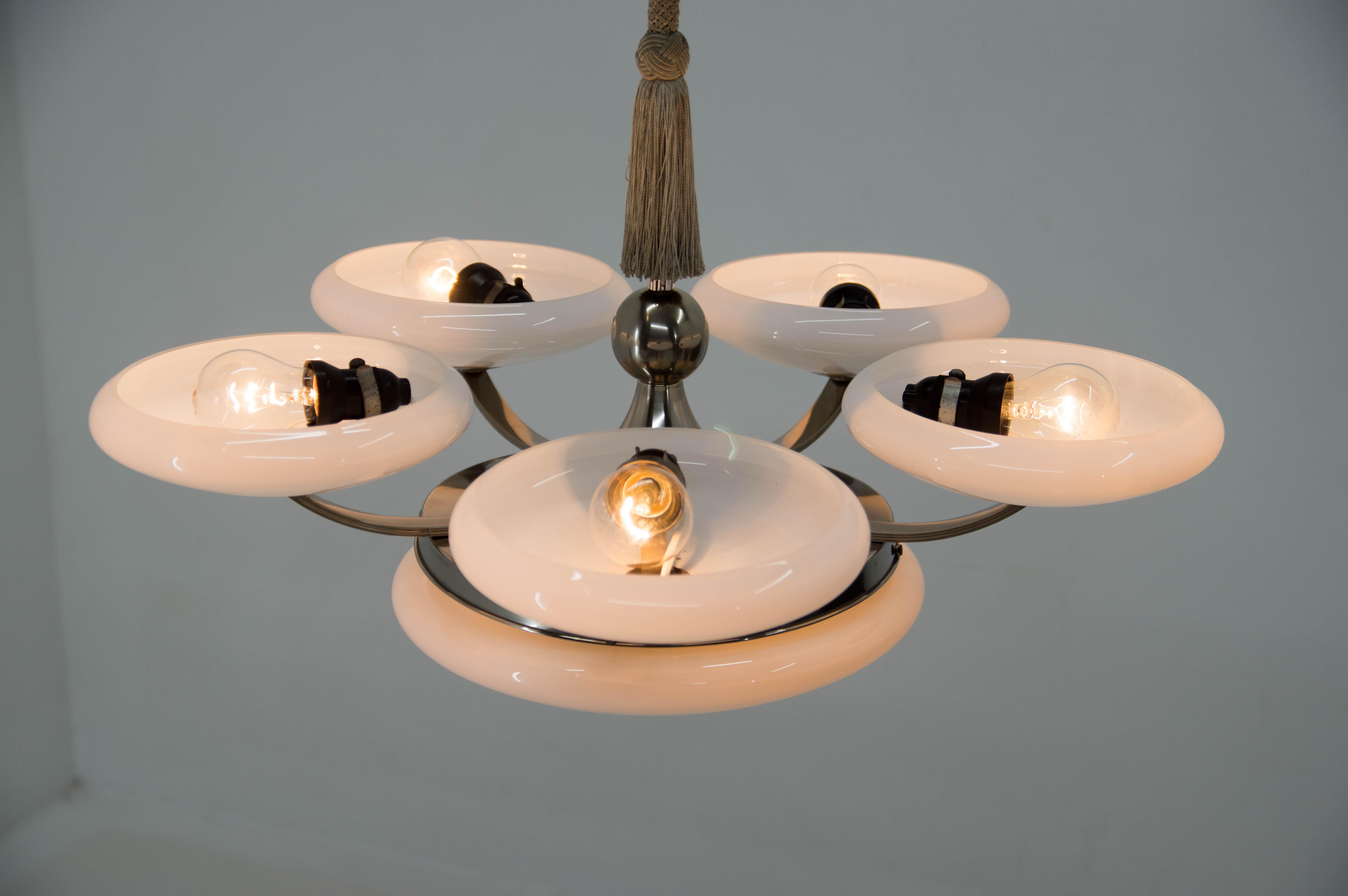 Opaline Glass Large Elegant Art Deco Chandelier, 1930s, Two Items Available For Sale