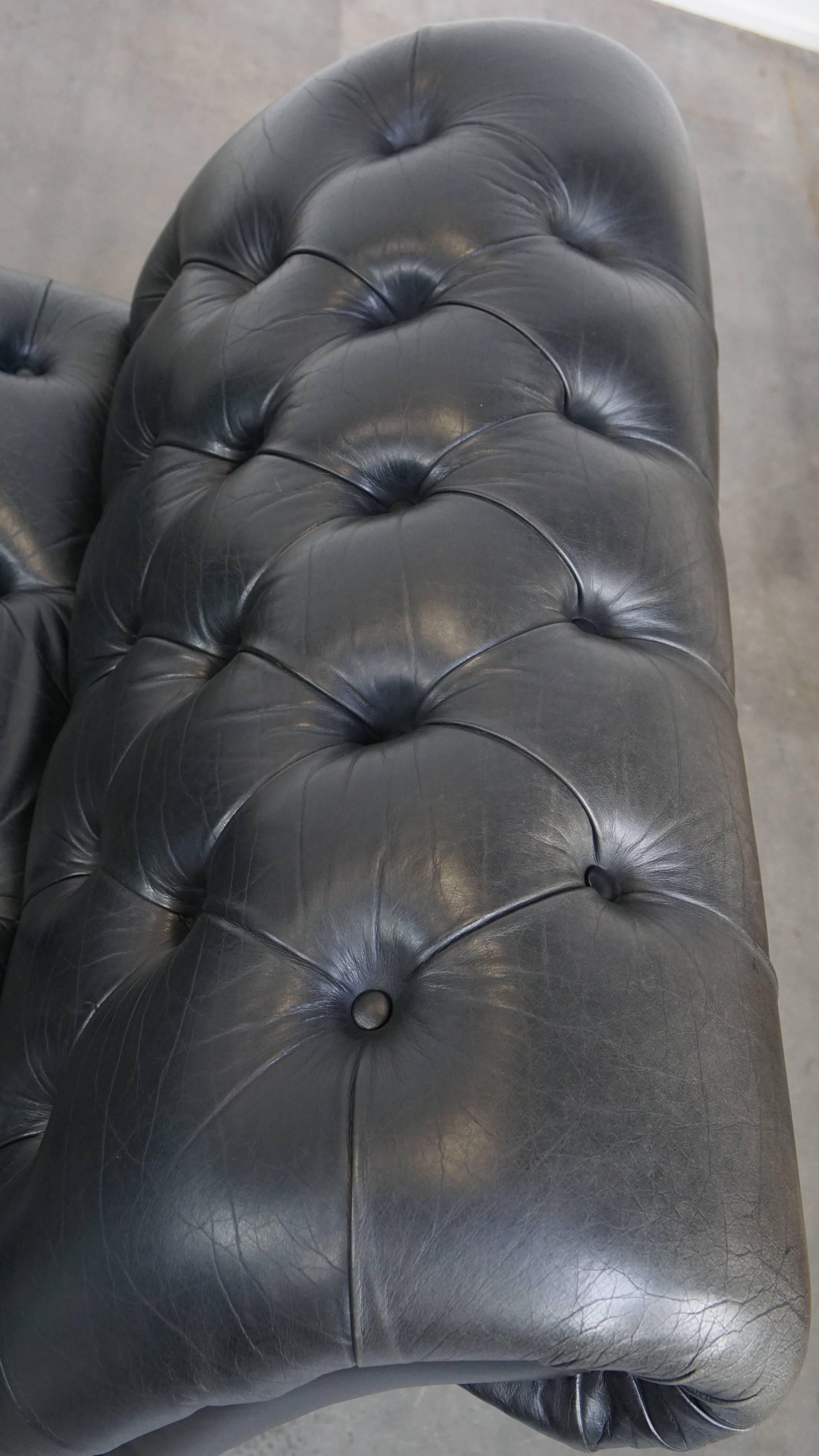 Grande ed elegante letto da giorno Chesterfield nero in pelle di mucca in vendita 1