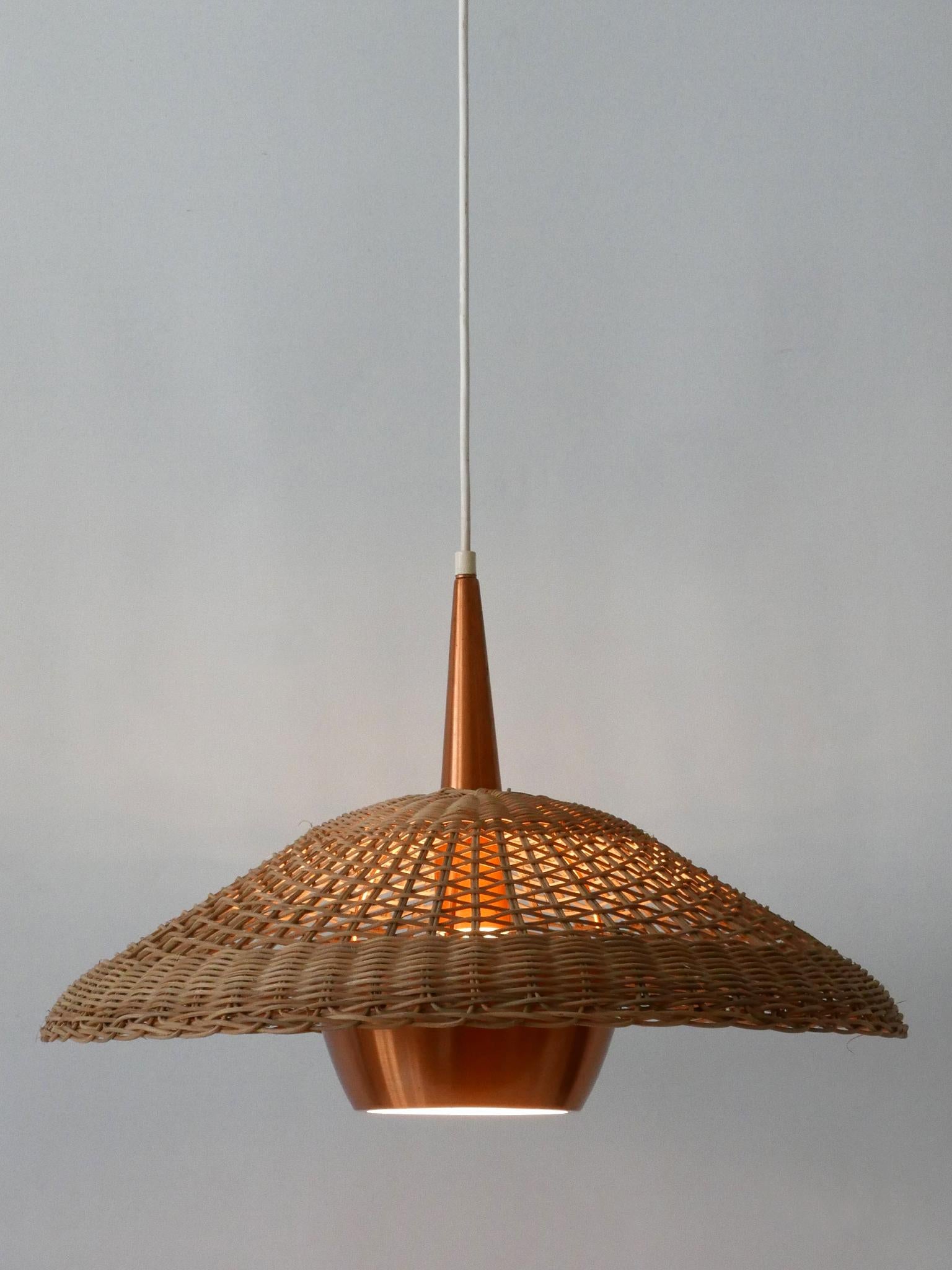 Large & Elegant Mid-Century Modern Rattan & Copper Pendant Lamp Denmark 1970s 7