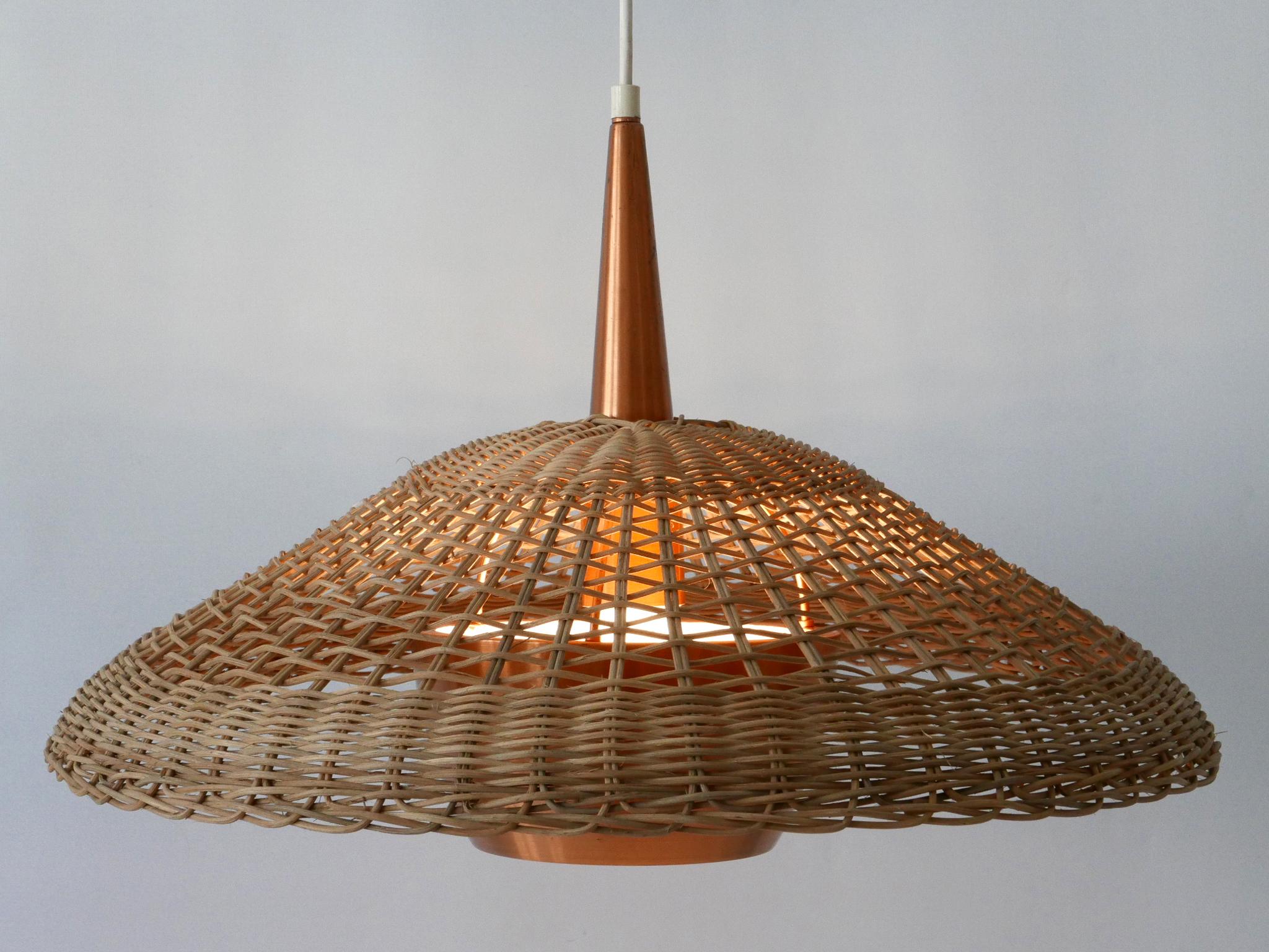 Large & Elegant Mid-Century Modern Rattan & Copper Pendant Lamp Denmark 1970s 9