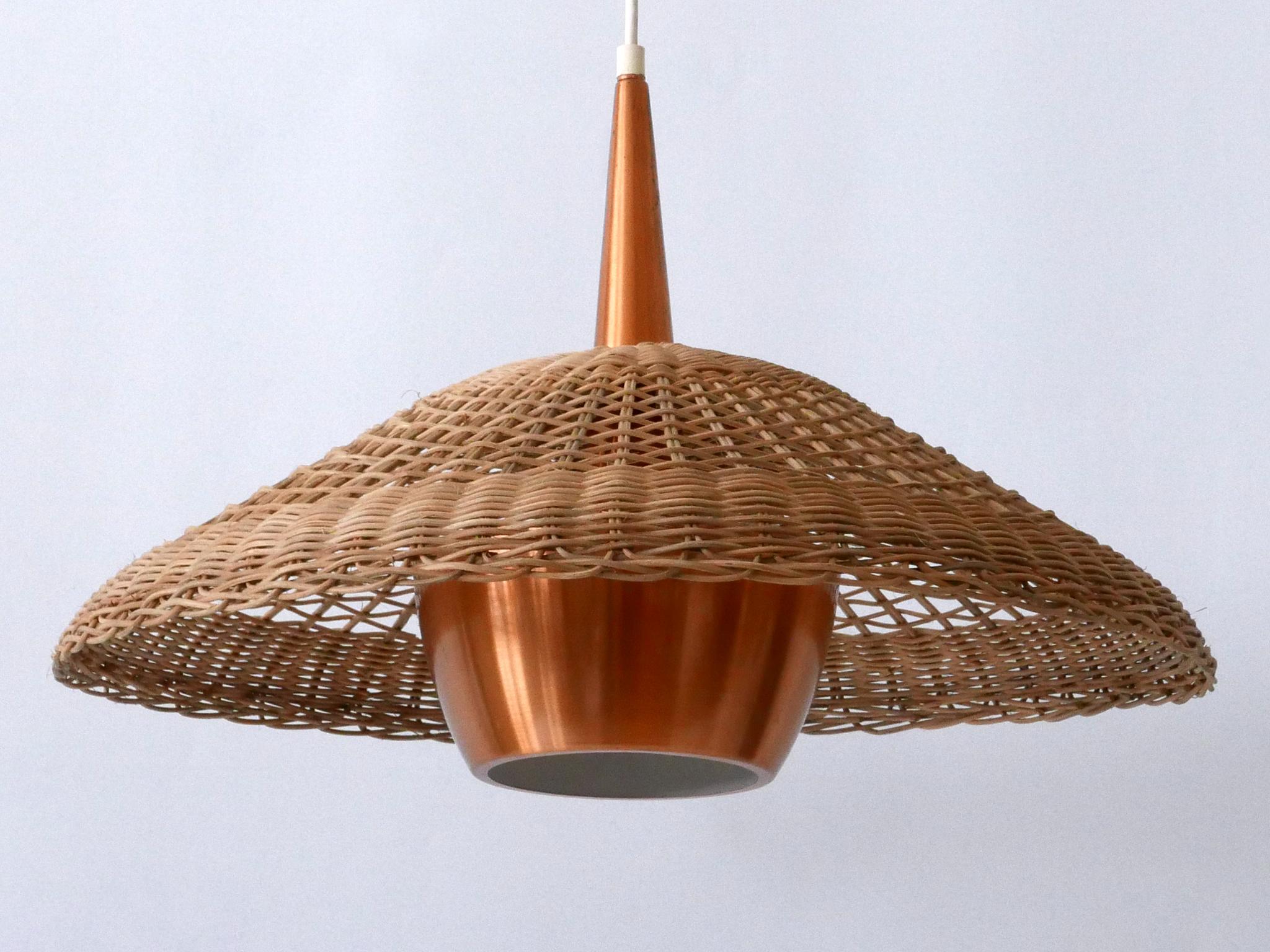 Large & Elegant Mid-Century Modern Rattan & Copper Pendant Lamp Denmark 1970s 1
