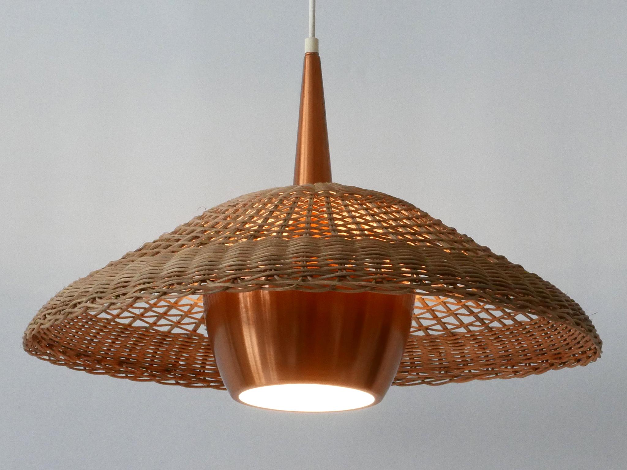 Large & Elegant Mid-Century Modern Rattan & Copper Pendant Lamp Denmark 1970s 2