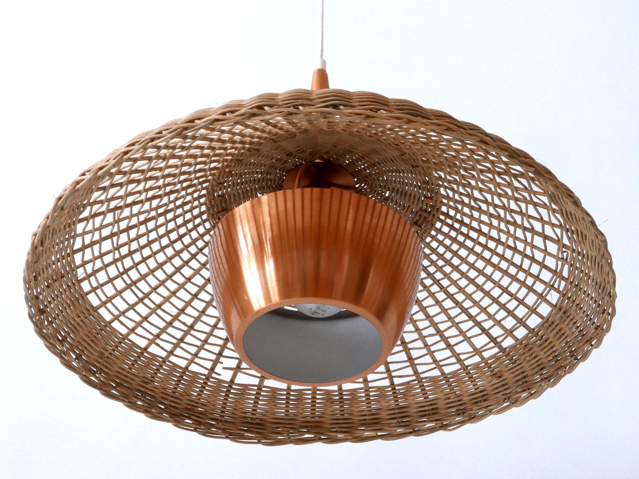 Large & Elegant Mid-Century Modern Rattan & Copper Pendant Lamp Denmark 1970s 3