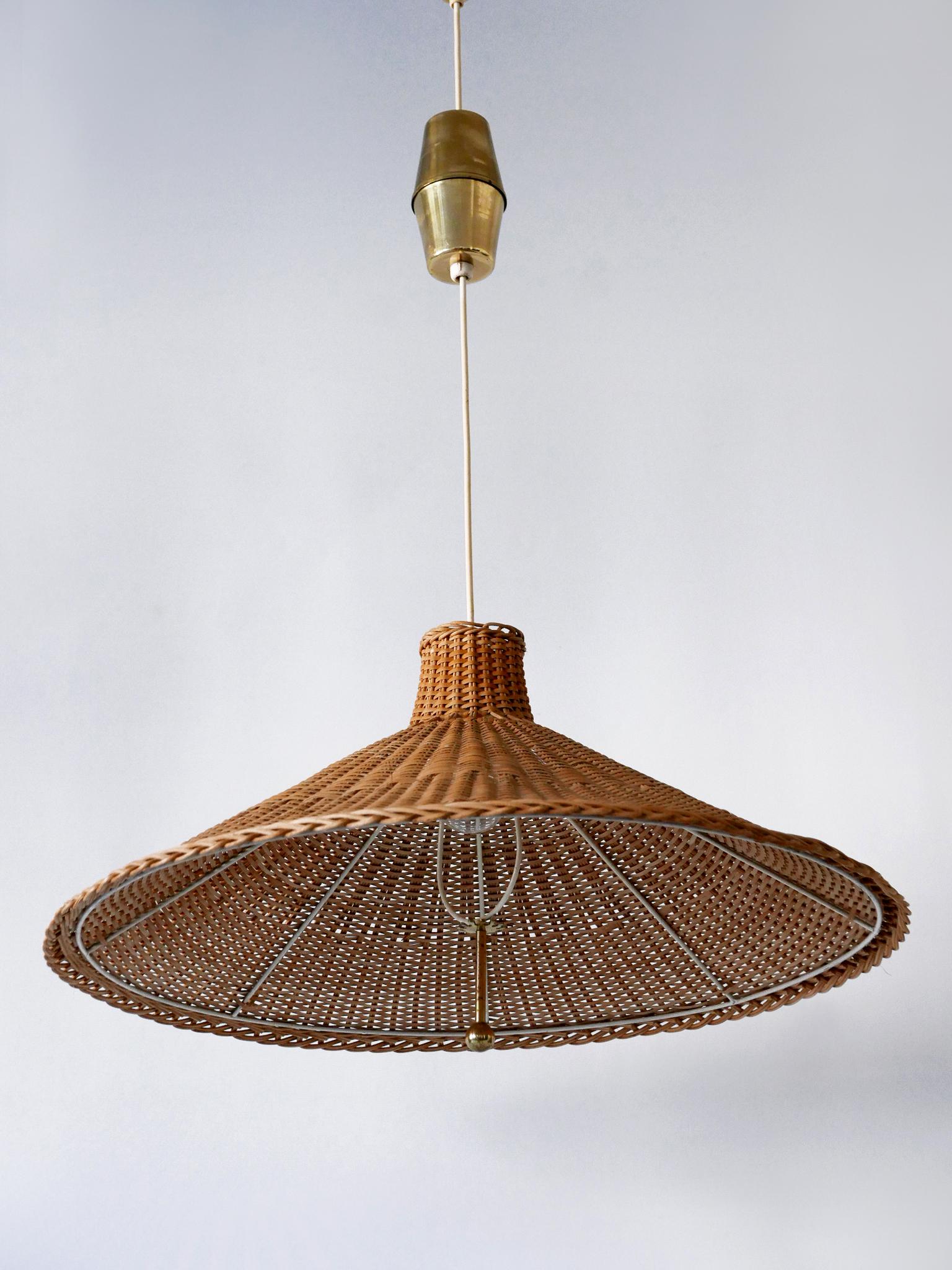 Large & Elegant Mid Century Modern Wicker Pulley Pendant Lamp Scandinavia 1960s 3
