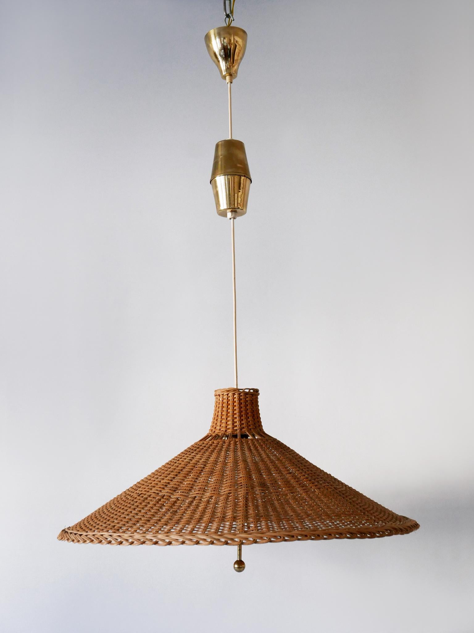 Large & Elegant Mid Century Modern Wicker Pulley Pendant Lamp Scandinavia 1960s 5
