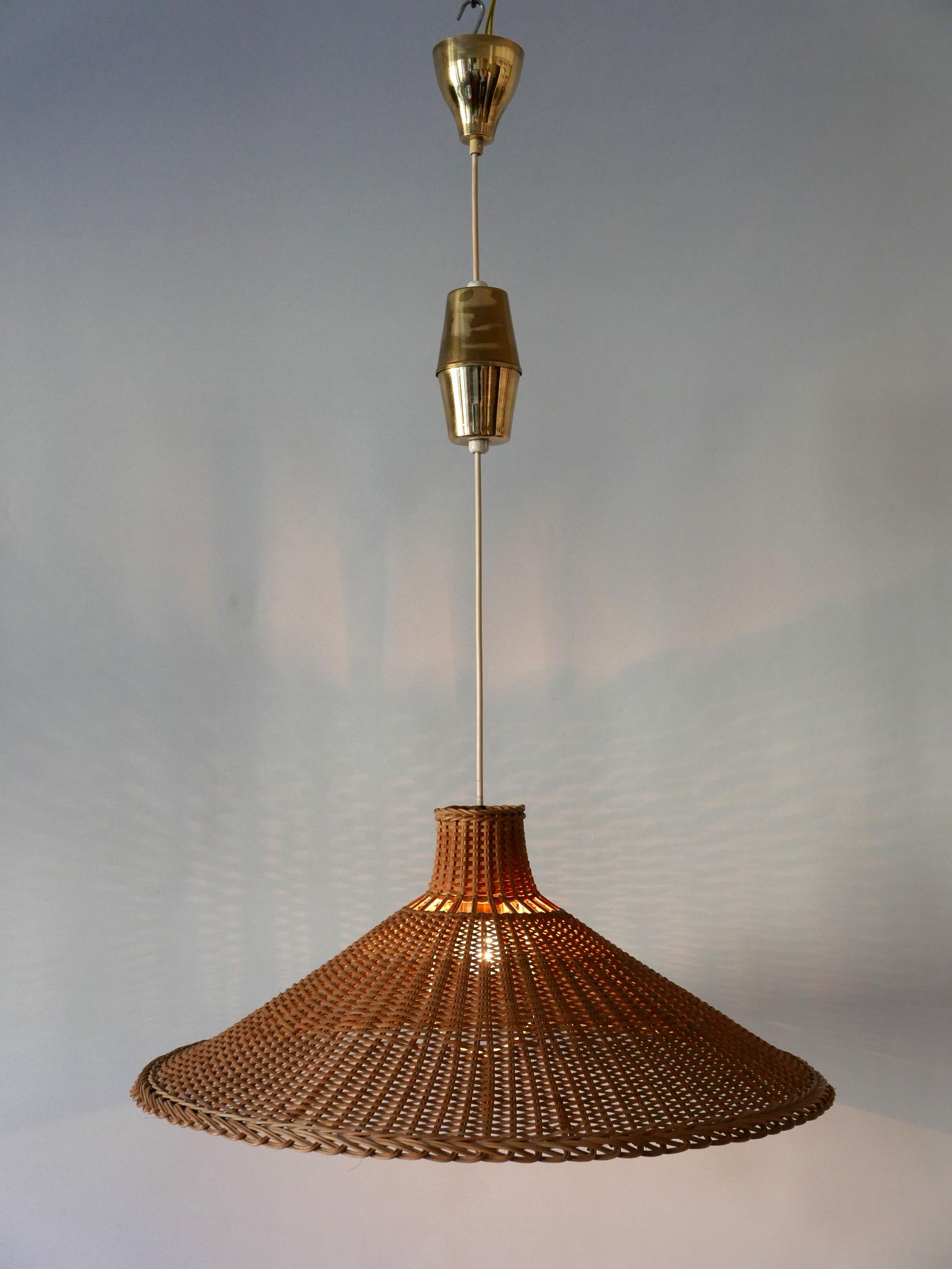 Large & Elegant Mid Century Modern Wicker Pulley Pendant Lamp Scandinavia 1960s 6
