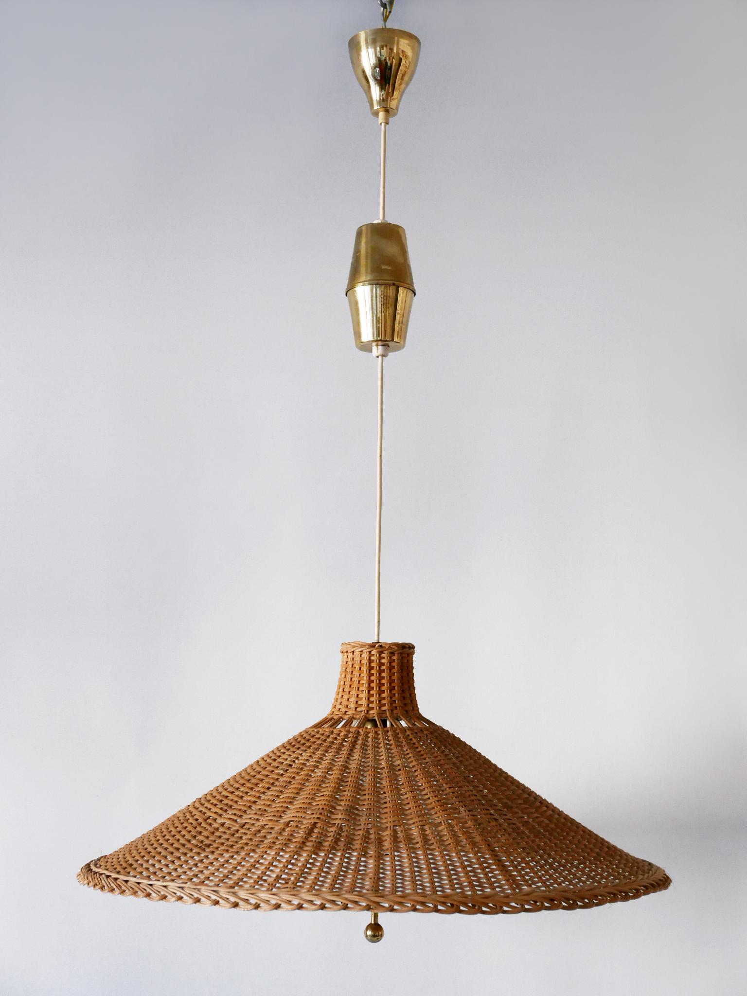 Large & Elegant Mid Century Modern Wicker Pulley Pendant Lamp Scandinavia 1960s 8
