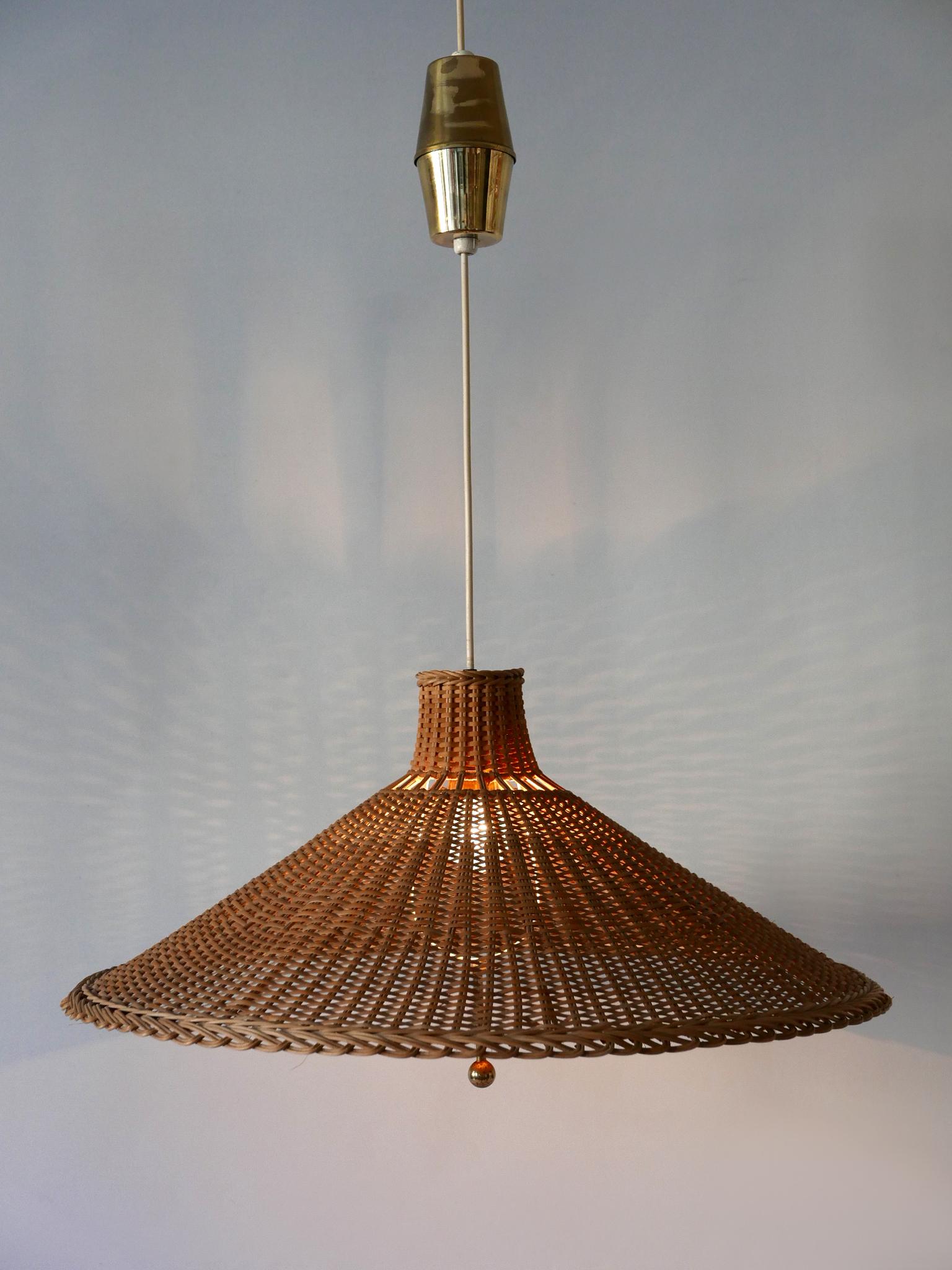 Mid-Century Modern Large & Elegant Mid Century Modern Wicker Pulley Pendant Lamp Scandinavia 1960s