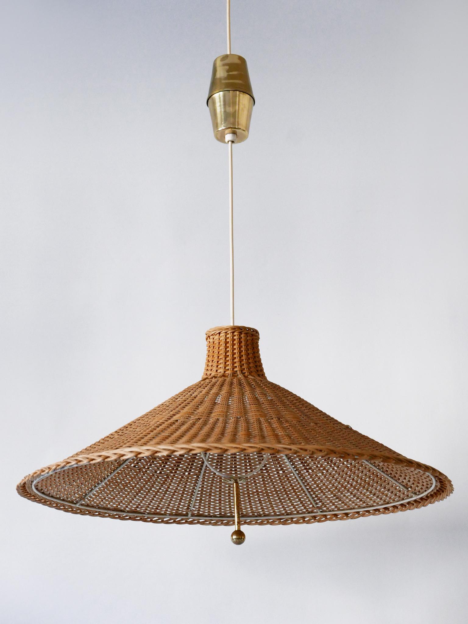 Brass Large & Elegant Mid Century Modern Wicker Pulley Pendant Lamp Scandinavia 1960s