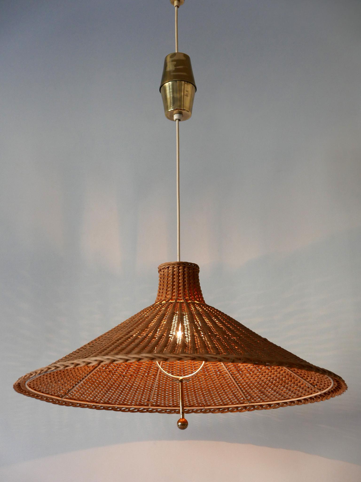 Large & Elegant Mid Century Modern Wicker Pulley Pendant Lamp Scandinavia 1960s 1