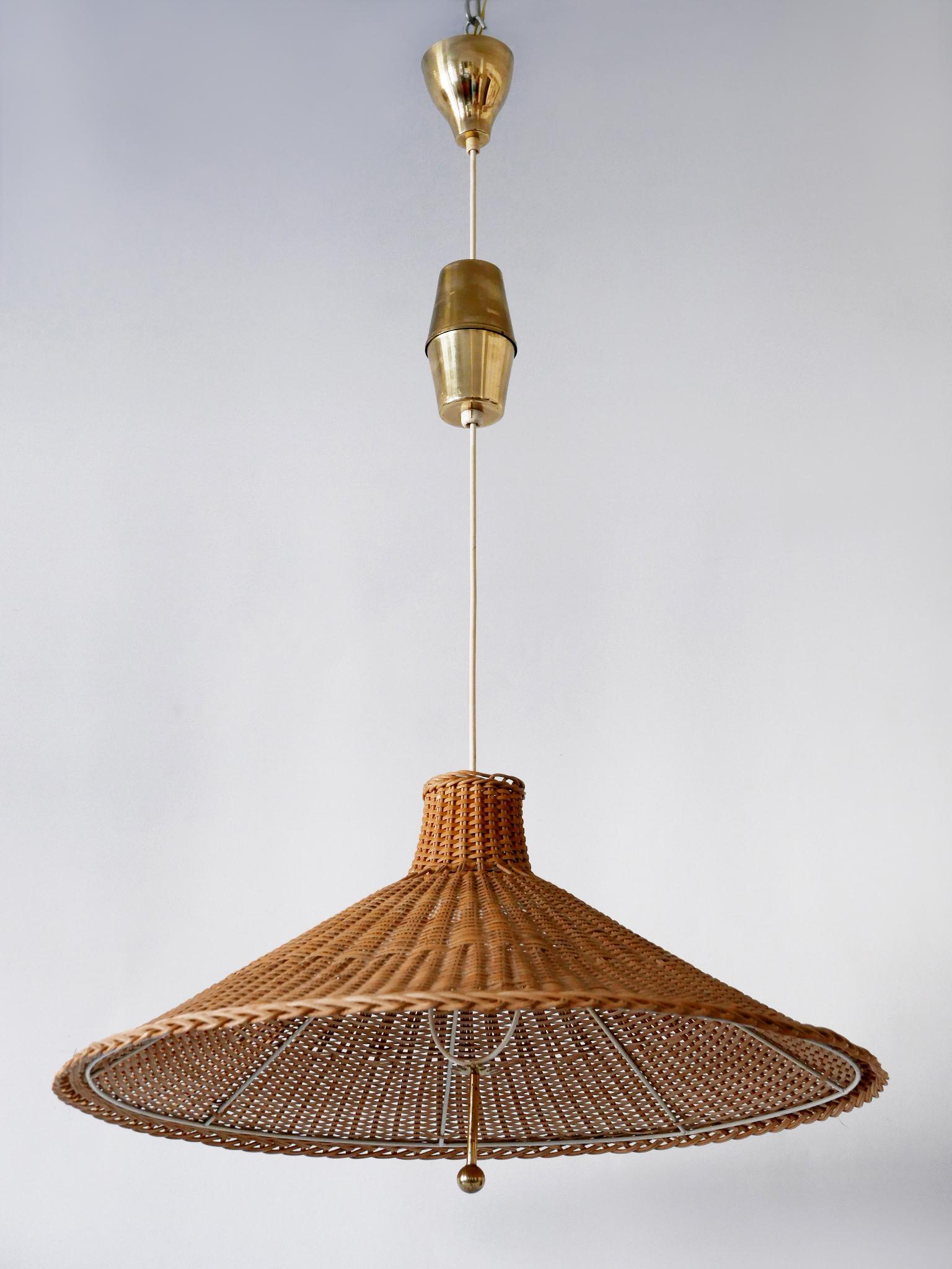 Large & Elegant Mid Century Modern Wicker Pulley Pendant Lamp Scandinavia 1960s 2