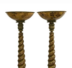 Große, elegante Designer-Stehlampen aus Holz und Marmor mit bernsteinfarbenem Auflicht