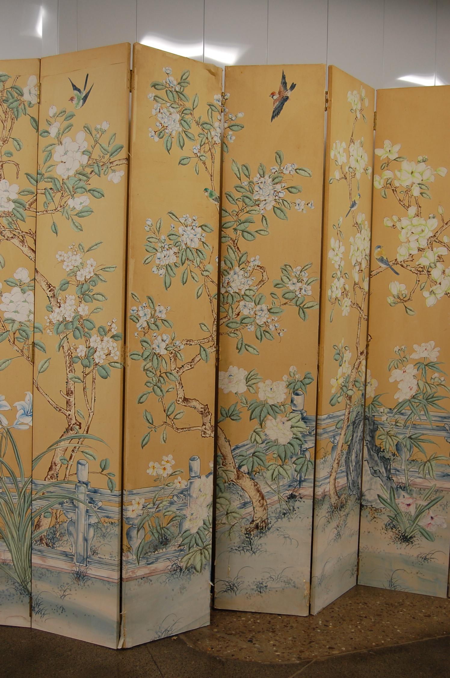 Hand-Painted Large Eleven-Panel Hand Painted on Silk Folding Chinese Screen, circa Late 1960s