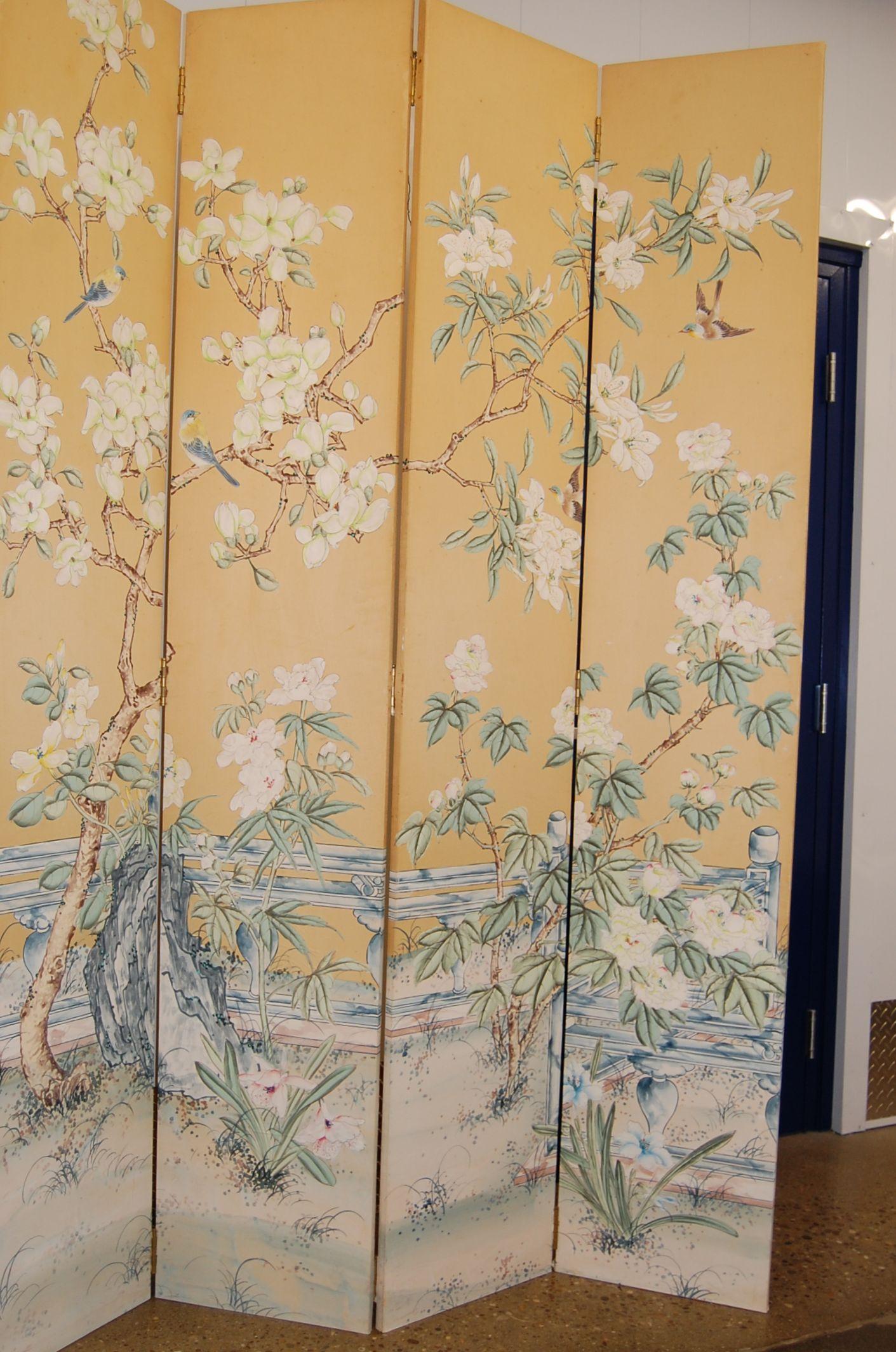 Mid-20th Century Large Eleven-Panel Hand Painted on Silk Folding Chinese Screen, circa Late 1960s