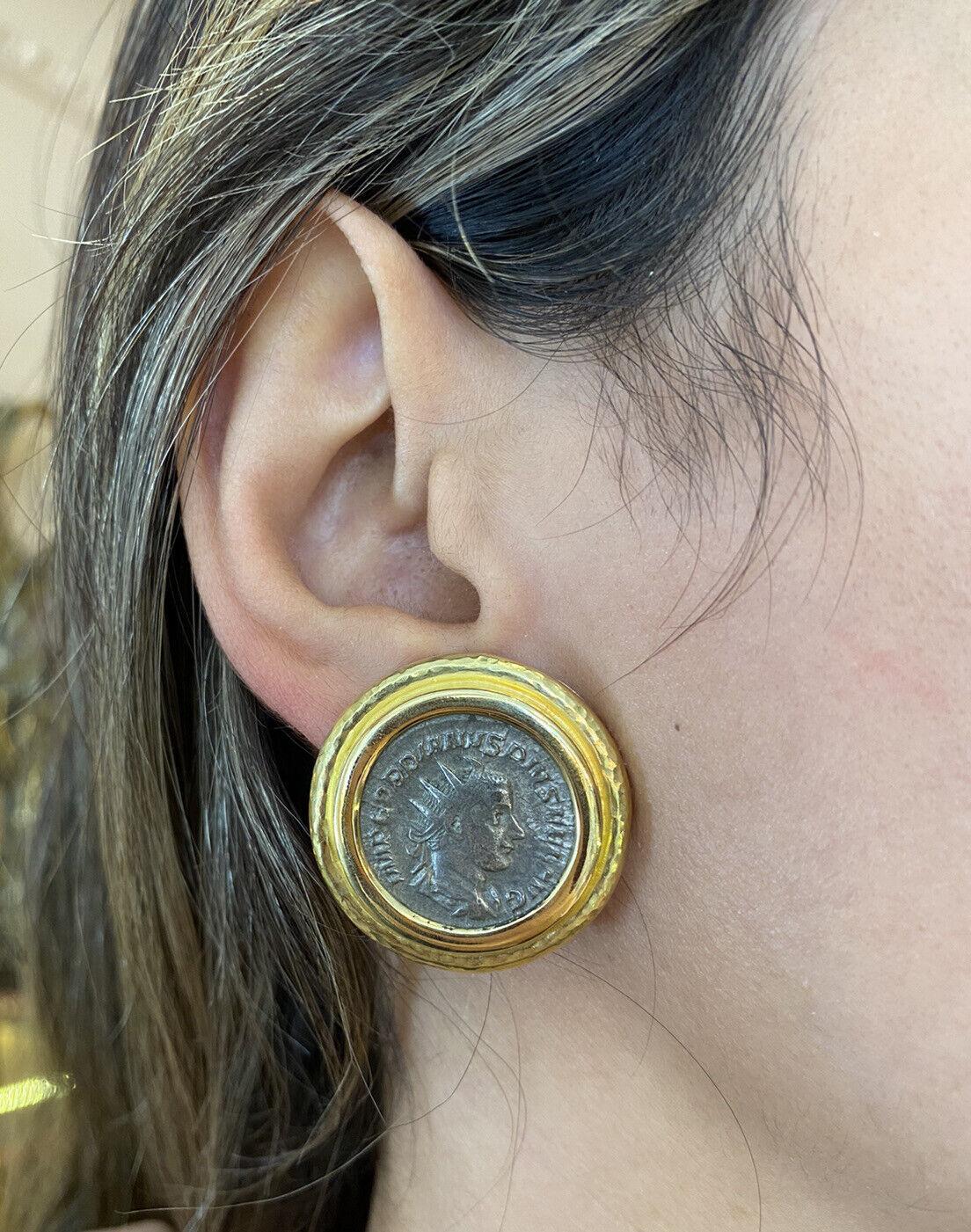 Women's or Men's Large Elizabeth Locke Coin Button Earrings in 18k Yellow Gold For Sale