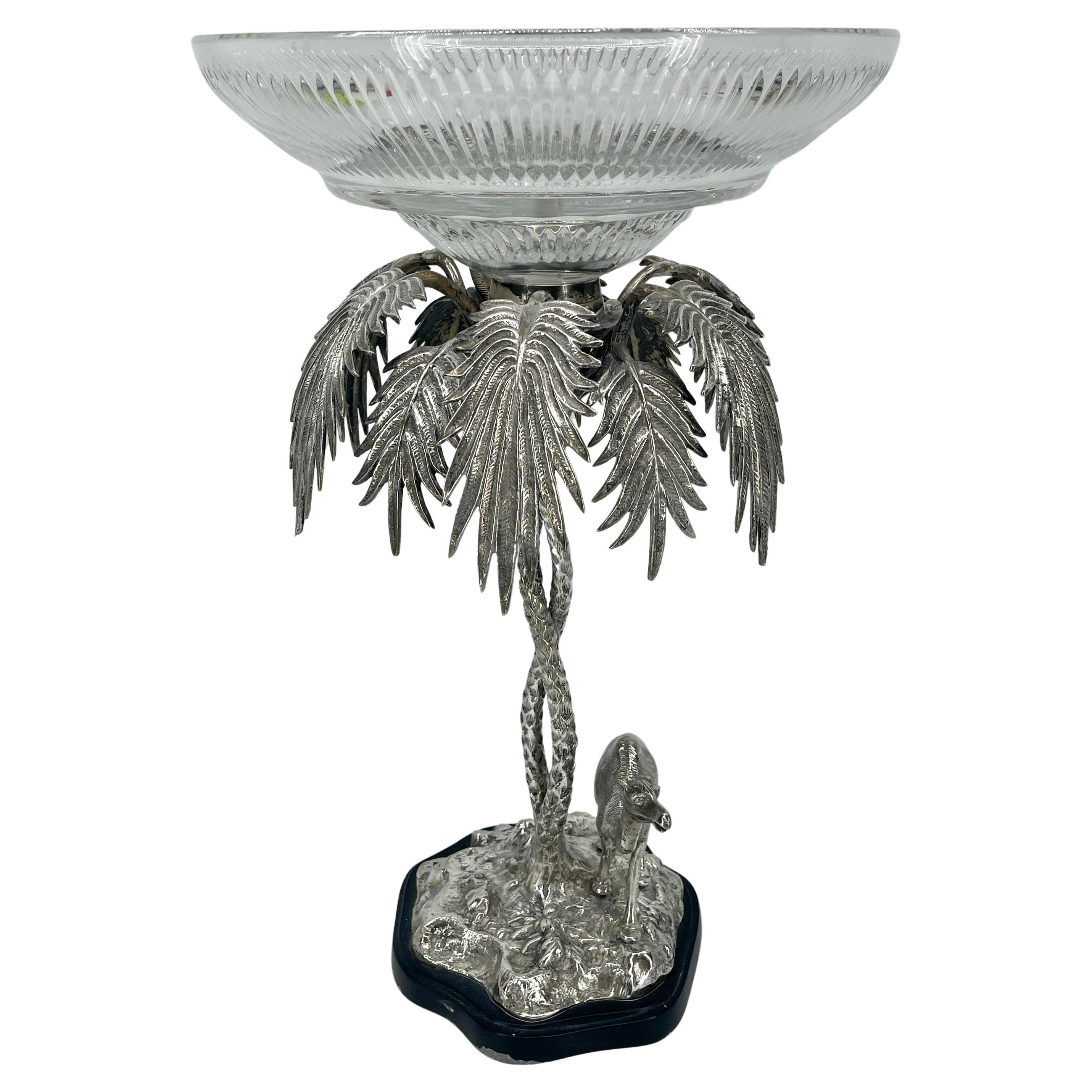 Metal Large Elkington Epergne Centerpiece With Camel, Palm Tree and Glass Bowl For Sale