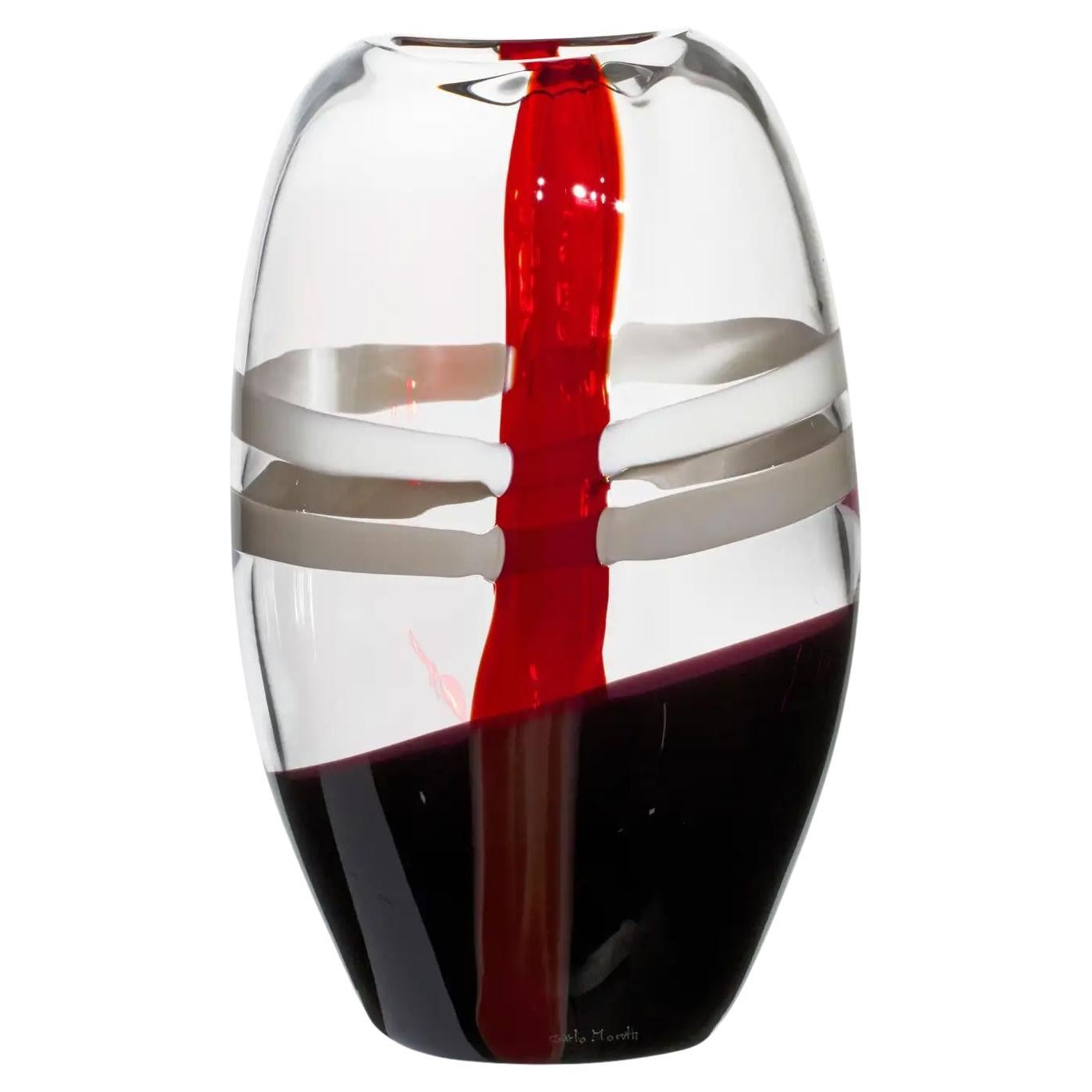 Large Ellisse Vase in Ivory, Red and Black Streaks by Carlo Moretti